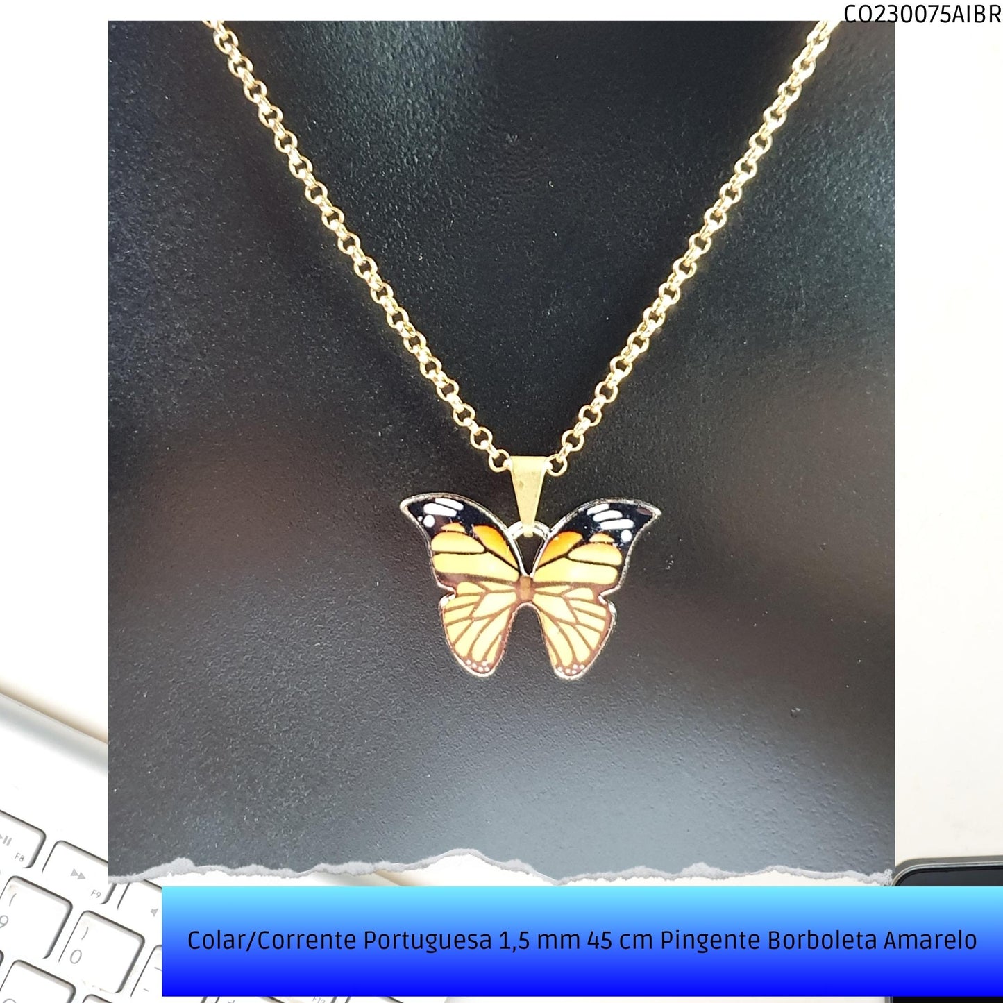 Colar/Corrente Portuguesa 1.5 mm 45 cm Pingente Borboleta Amarela  - Código.: CO230075AIBR  - Peso.: 5.0 gr