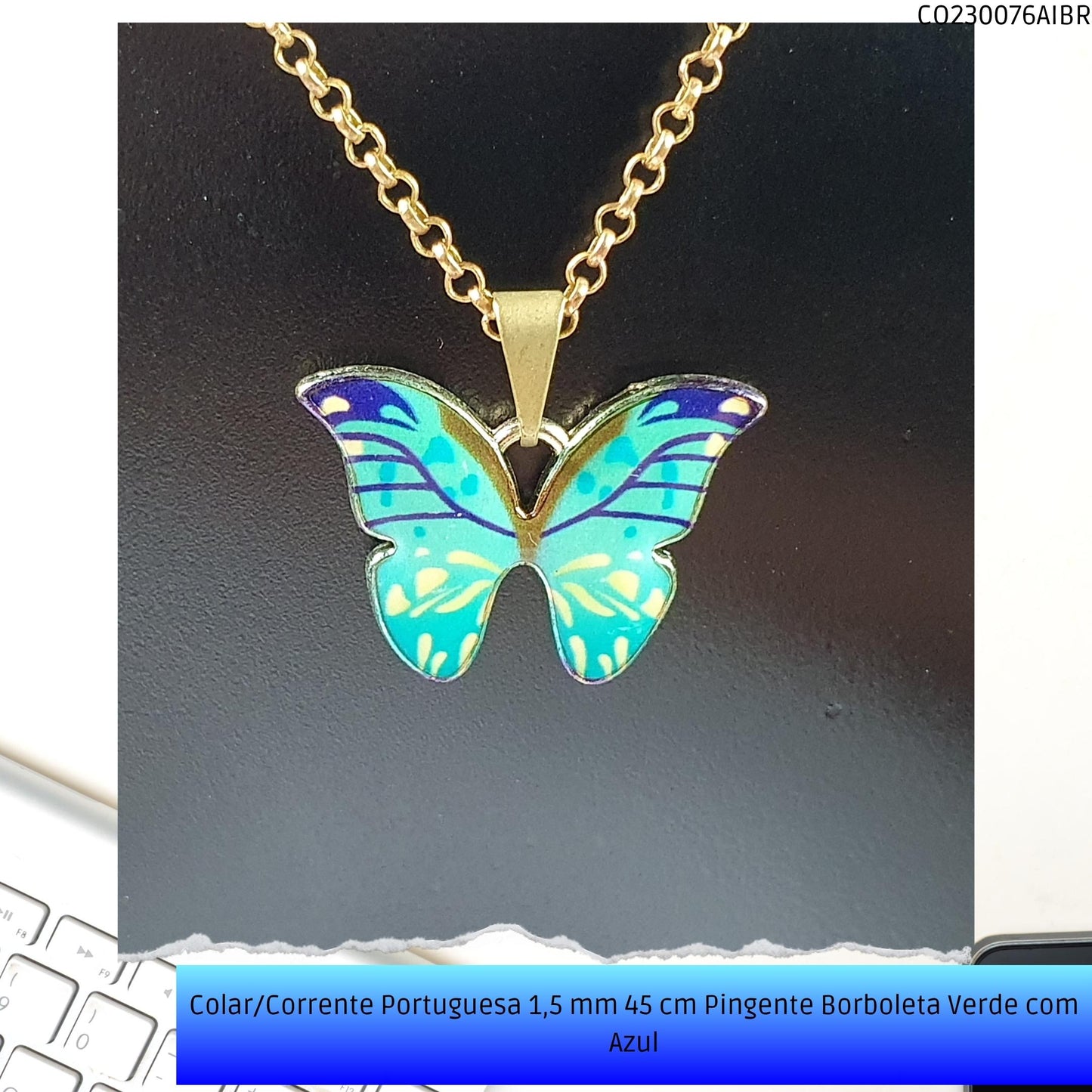 Colar/Corrente Portuguesa 1.5 mm 45 cm Pingente Borboleta Verde/Azul  - Código.: CO230076AIBR  - Peso.: 5.0 gr