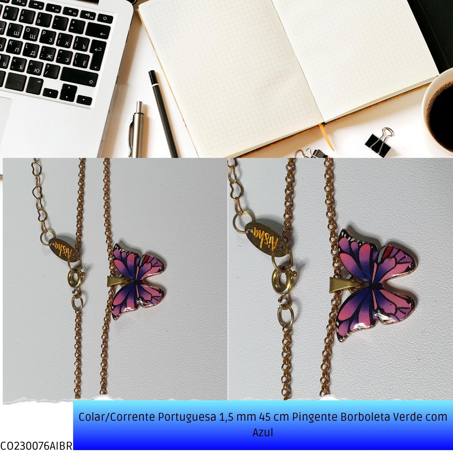 Colar/Corrente Portuguesa 1.5 mm 45 cm Pingente Borboleta Verde/Azul  - Código.: CO230076AIBR  - Peso.: 5.0 gr