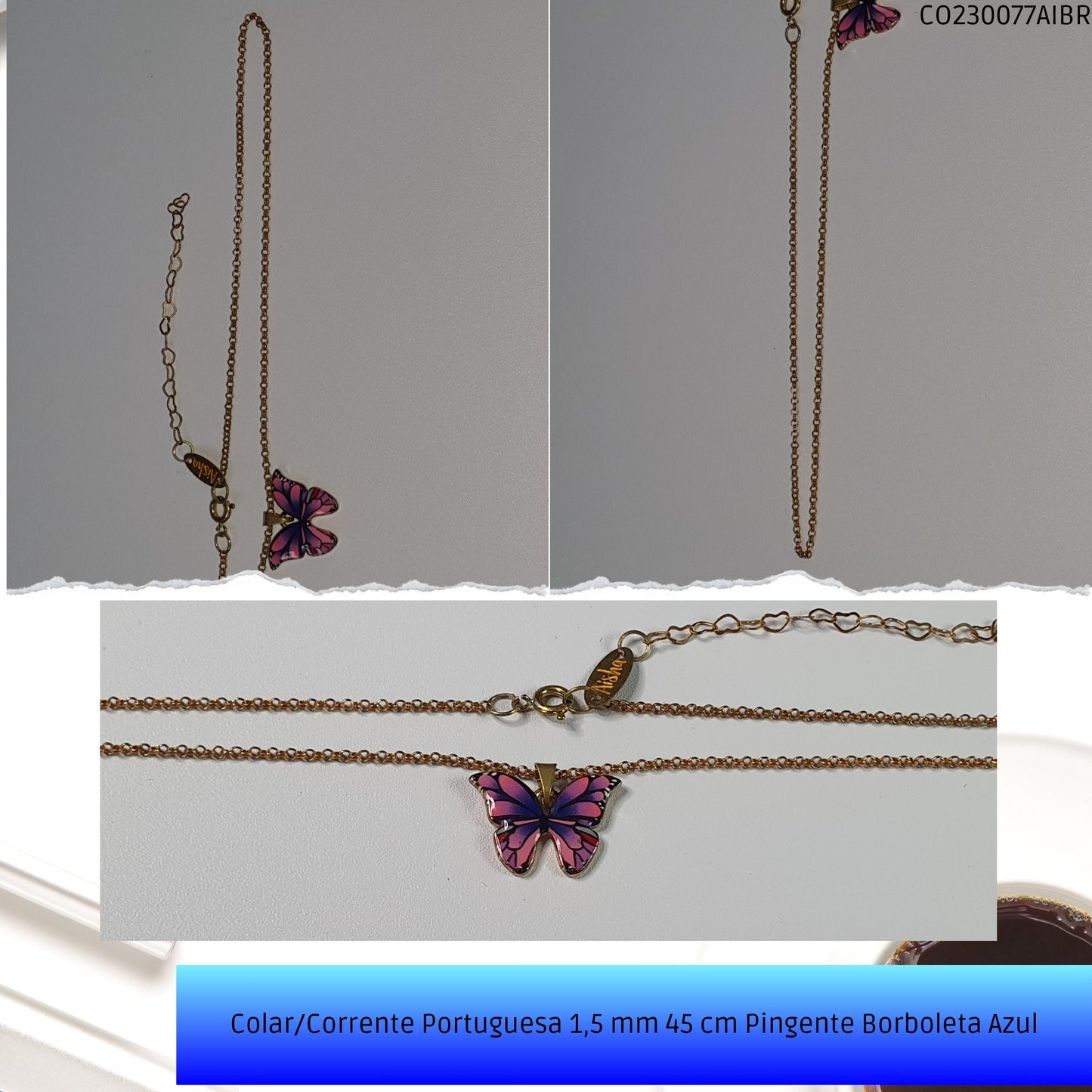 Colar/Corrente Portuguesa 1.5 mm 45 cm Pingente Borboleta Azul  - Código.: CO230077AIBR  - Peso.: 5.0 gr
