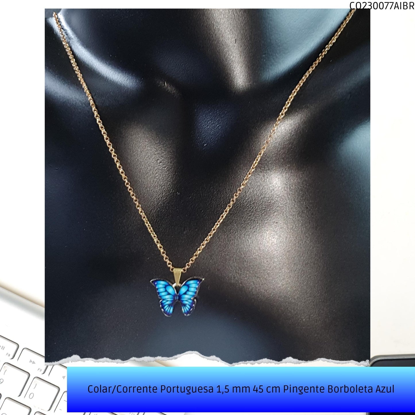 Colar/Corrente Portuguesa 1.5 mm 45 cm Pingente Borboleta Azul  - Código.: CO230077AIBR  - Peso.: 5.0 gr
