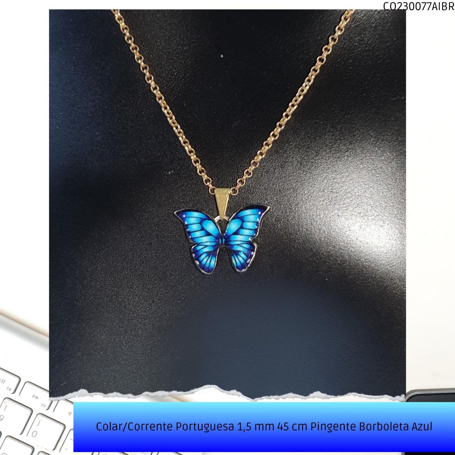 Colar/Corrente Portuguesa 1.5 mm 45 cm Pingente Borboleta Azul  - Código.: CO230077AIBR  - Peso.: 5.0 gr