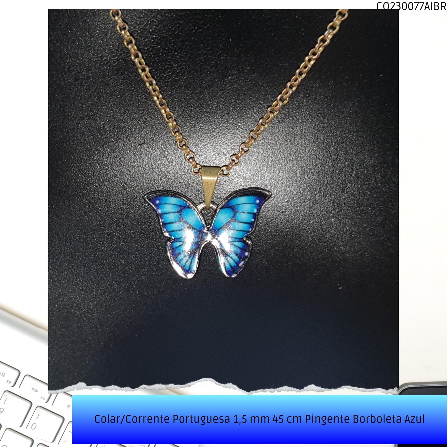 Colar/Corrente Portuguesa 1.5 mm 45 cm Pingente Borboleta Azul  - Código.: CO230077AIBR  - Peso.: 5.0 gr