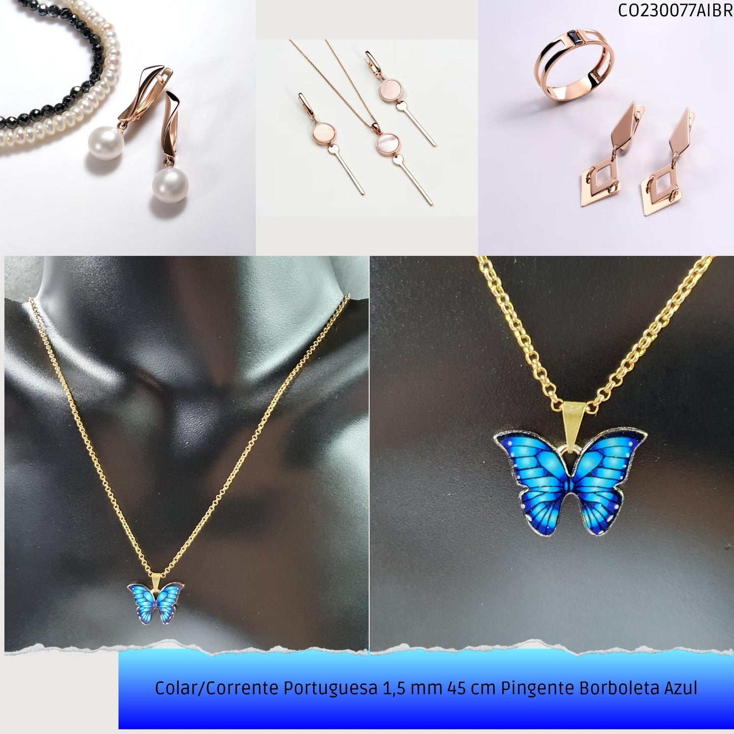 Colar/Corrente Portuguesa 1.5 mm 45 cm Pingente Borboleta Azul  - Código.: CO230077AIBR  - Peso.: 5.0 gr