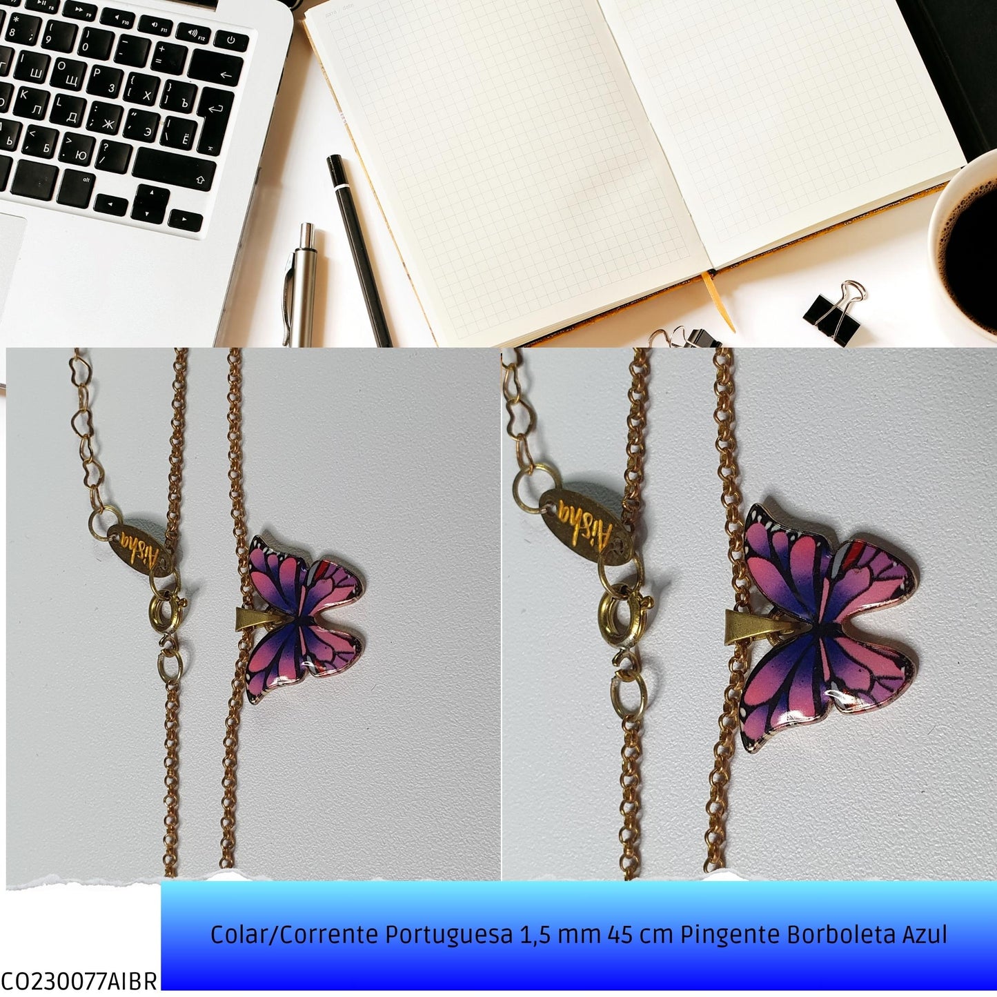 Colar/Corrente Portuguesa 1.5 mm 45 cm Pingente Borboleta Azul  - Código.: CO230077AIBR  - Peso.: 5.0 gr