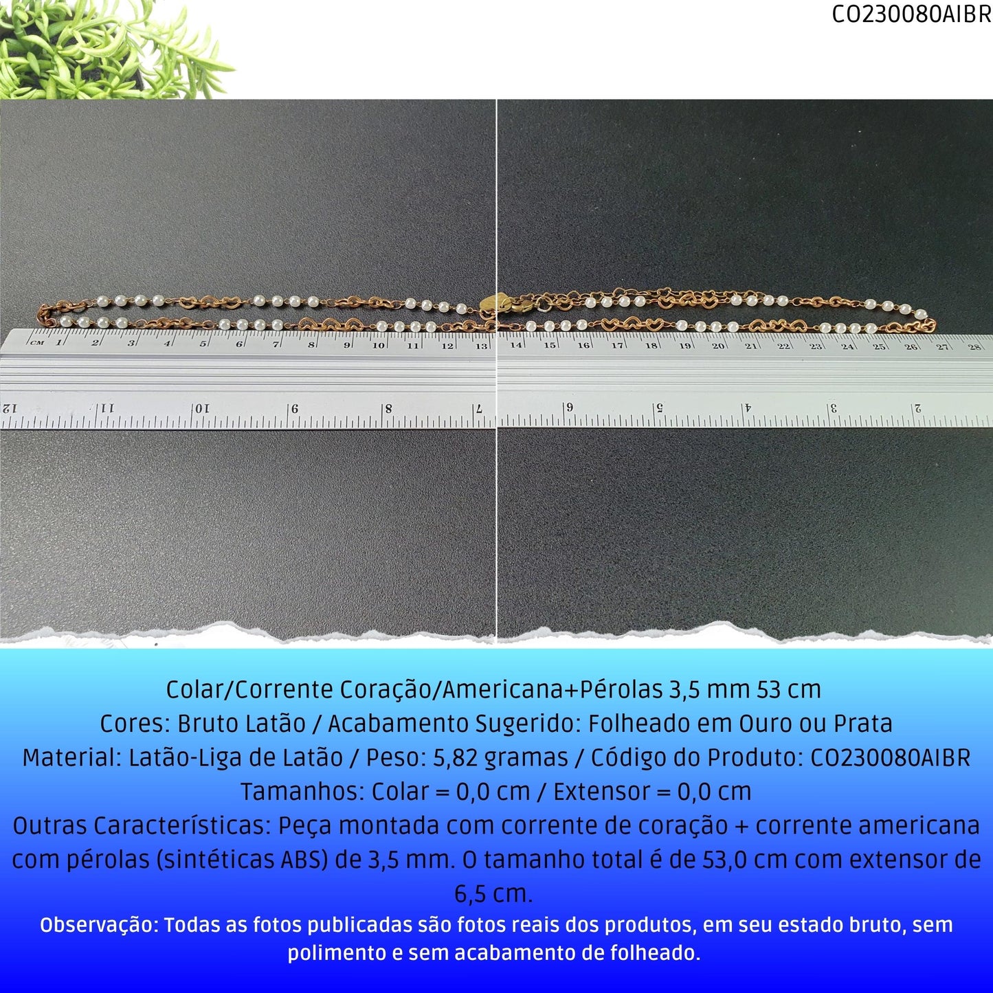 Colar/Corrente Coração/Americana+Pérolas 3.5 mm 53 cm   - Código.: CO230080AIBR  - Peso.: 5.8 gr