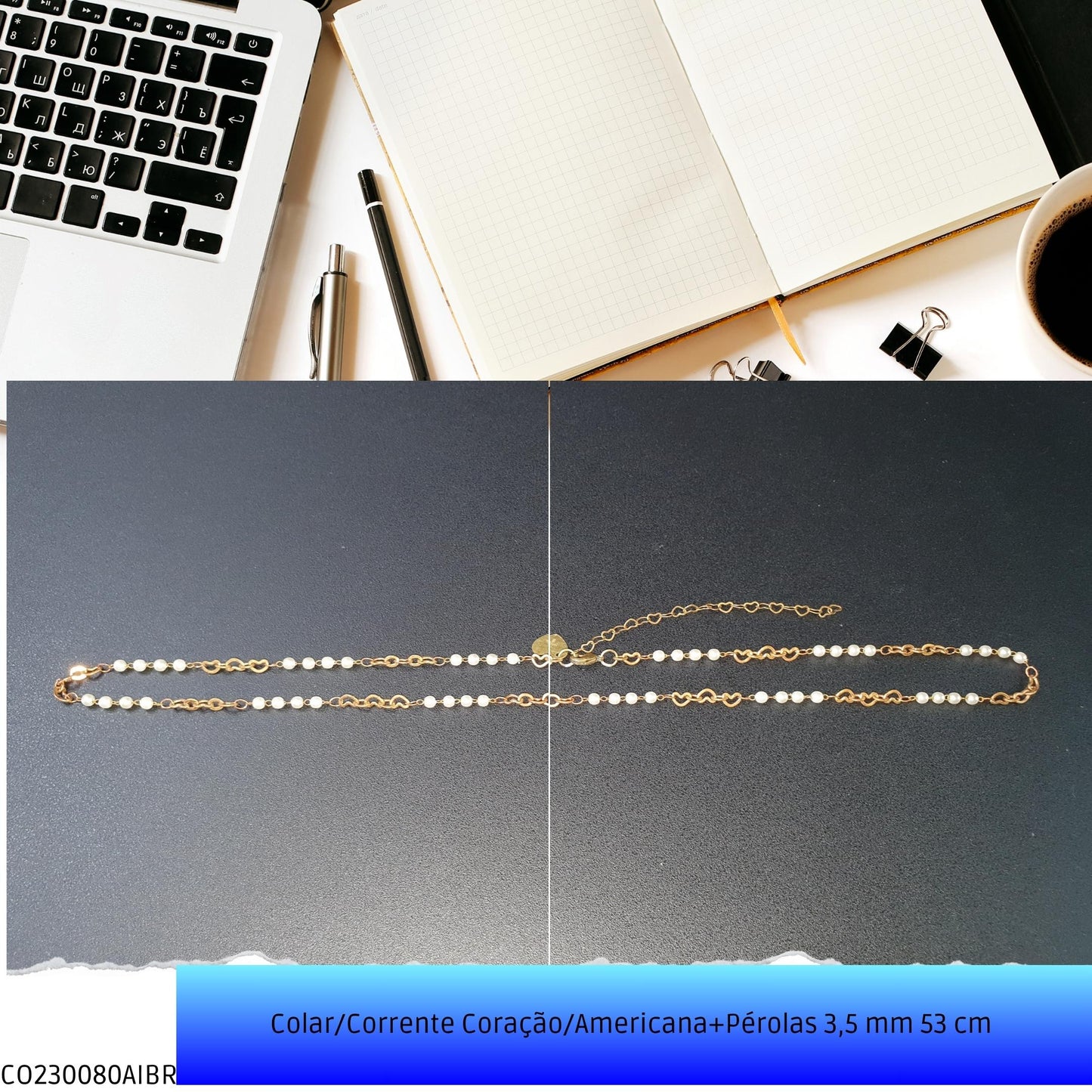 Colar/Corrente Coração/Americana+Pérolas 3.5 mm 53 cm   - Código.: CO230080AIBR  - Peso.: 5.8 gr