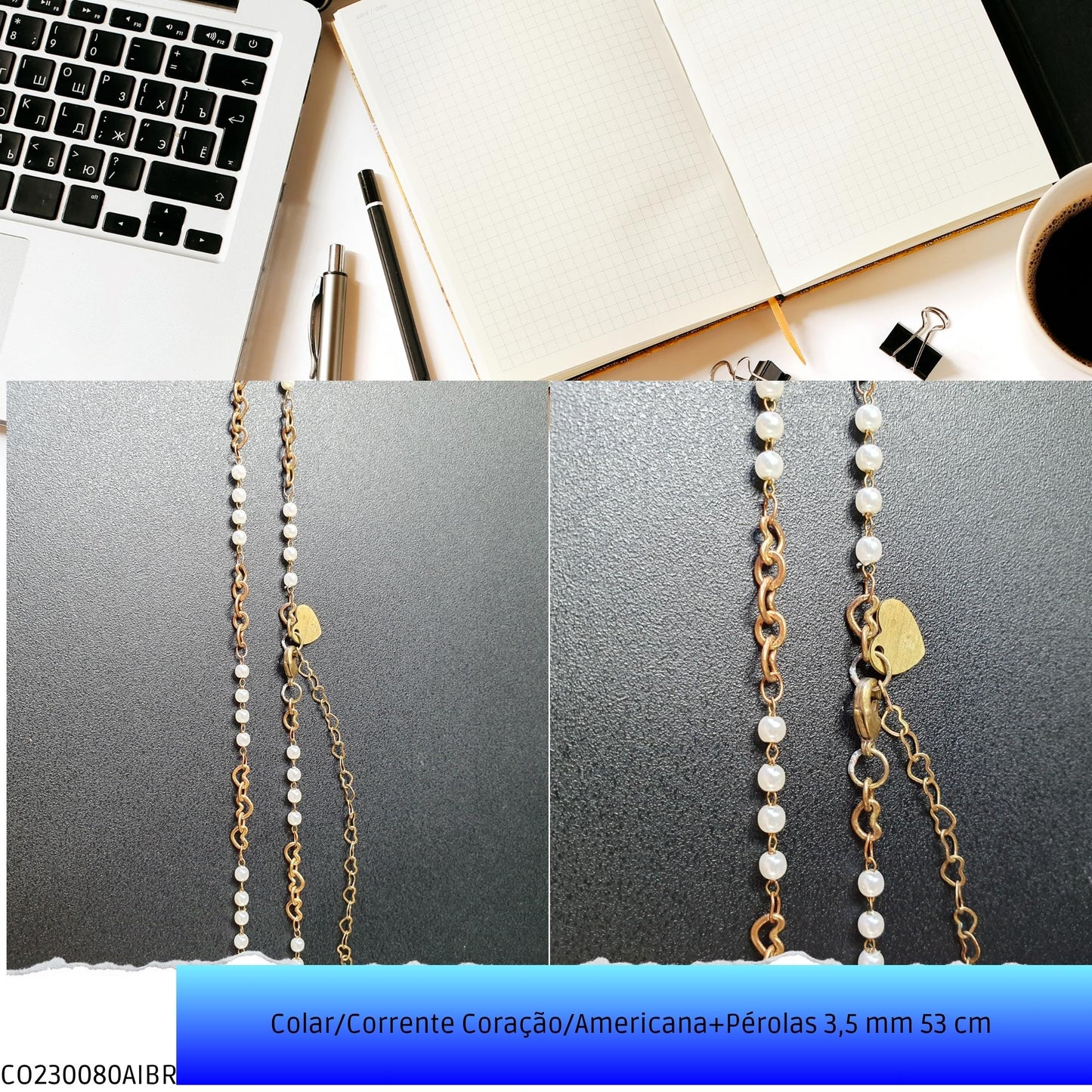 Colar/Corrente Coração/Americana+Pérolas 3.5 mm 53 cm   - Código.: CO230080AIBR  - Peso.: 5.8 gr