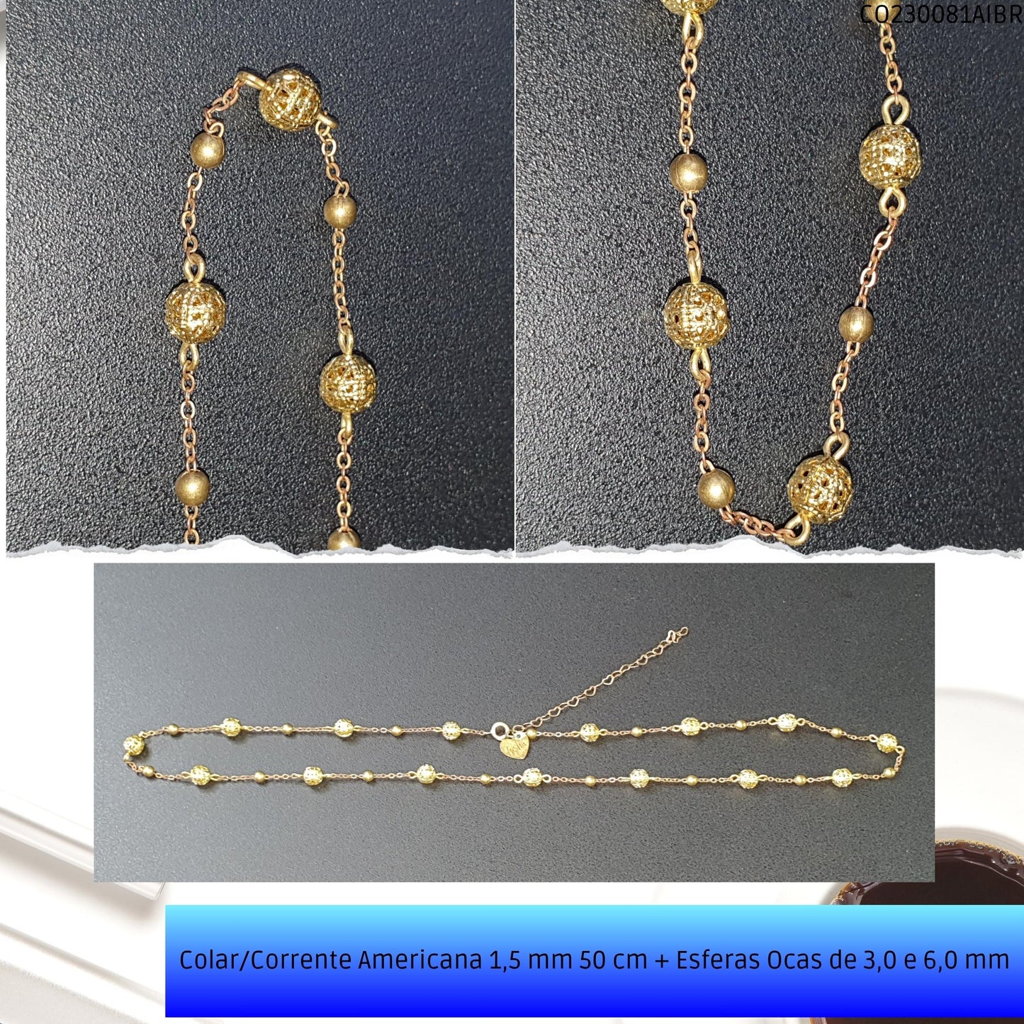 Colar/Corrente Americana 1.5 mm 50 cm + Esferas Ocas 6.0 mm  - Código.: CO230081AIBR  - Peso.: 7.0 gr