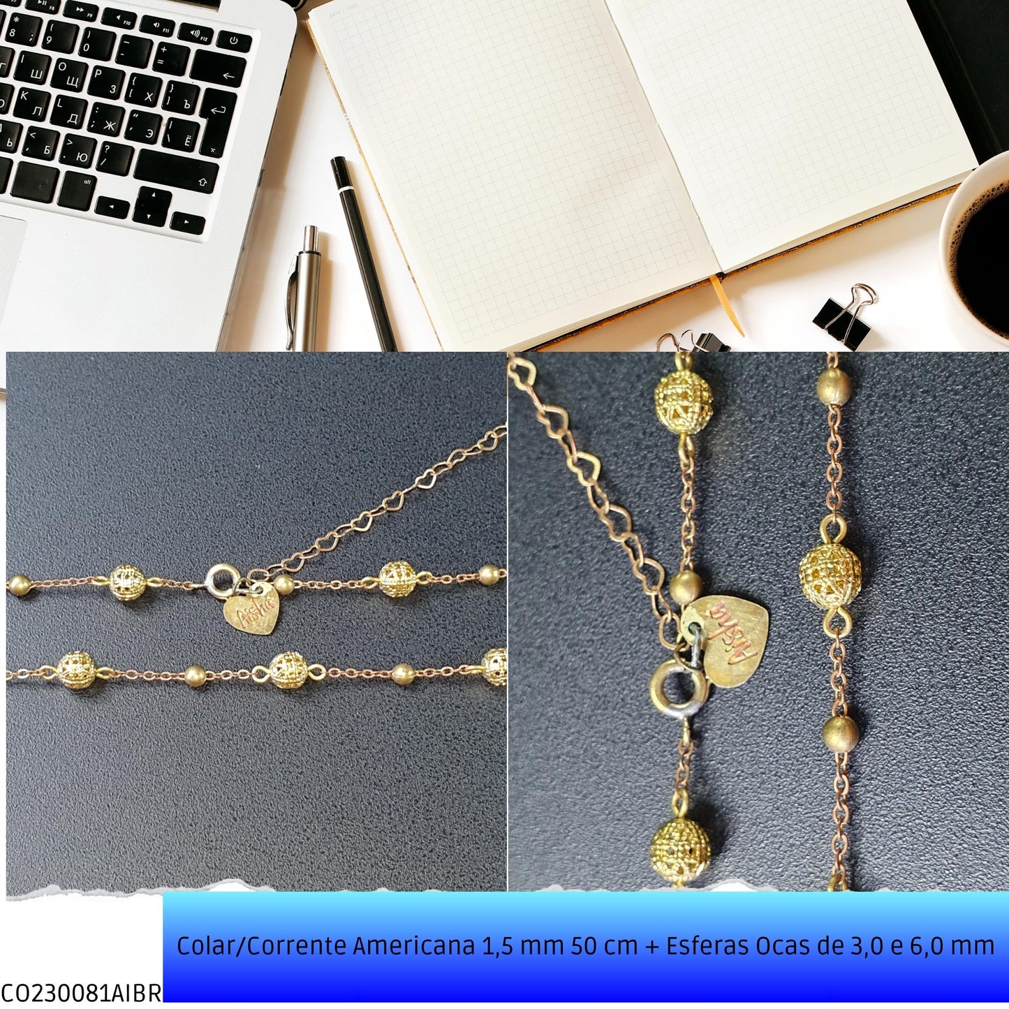 Colar/Corrente Americana 1.5 mm 50 cm + Esferas Ocas 6.0 mm  - Código.: CO230081AIBR  - Peso.: 7.0 gr