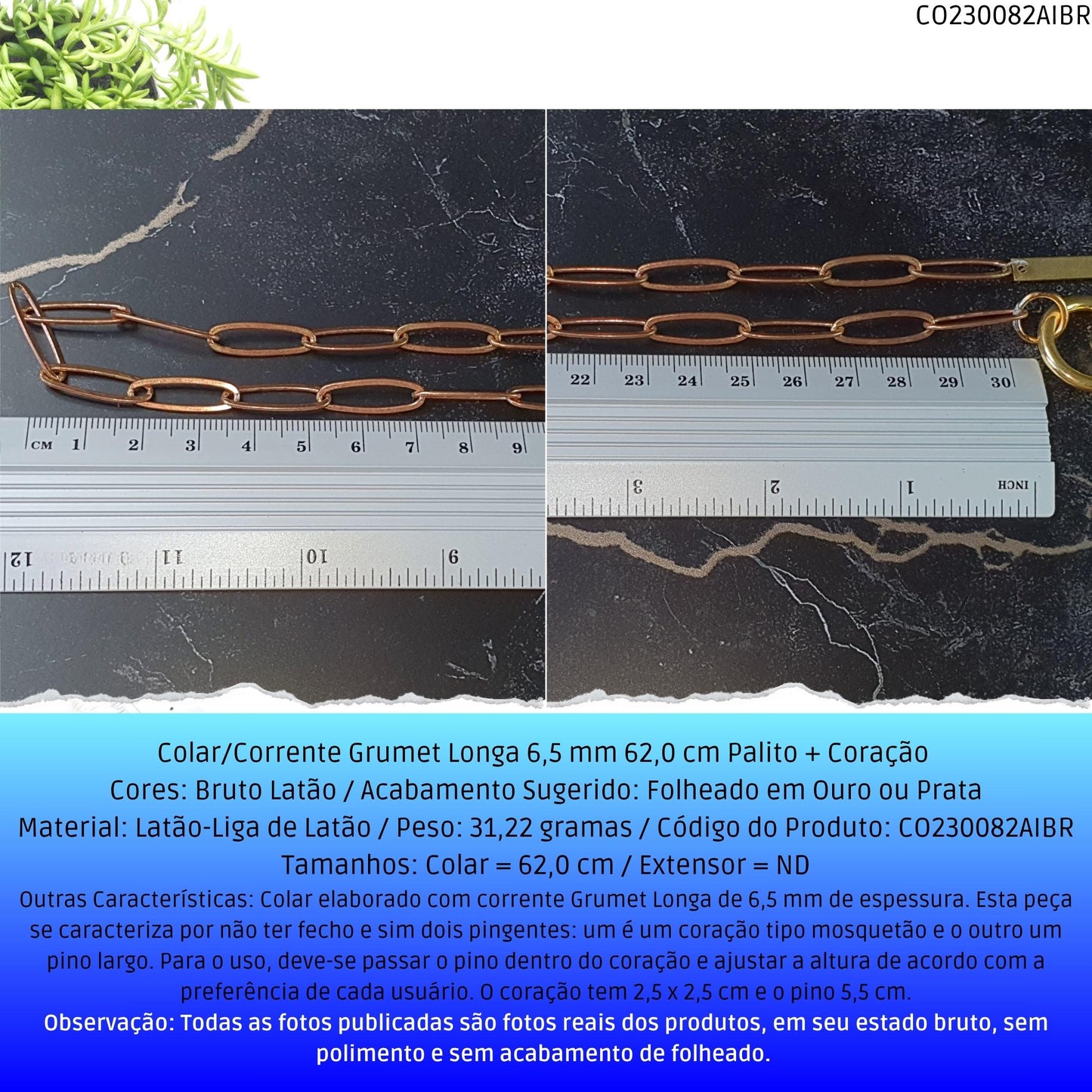 Colar/Corrente Grumet Longa 6.5 mm 62.0 cm Palito + Coração   - Código.: CO230082AIBR  - Peso.: 31.2 gr