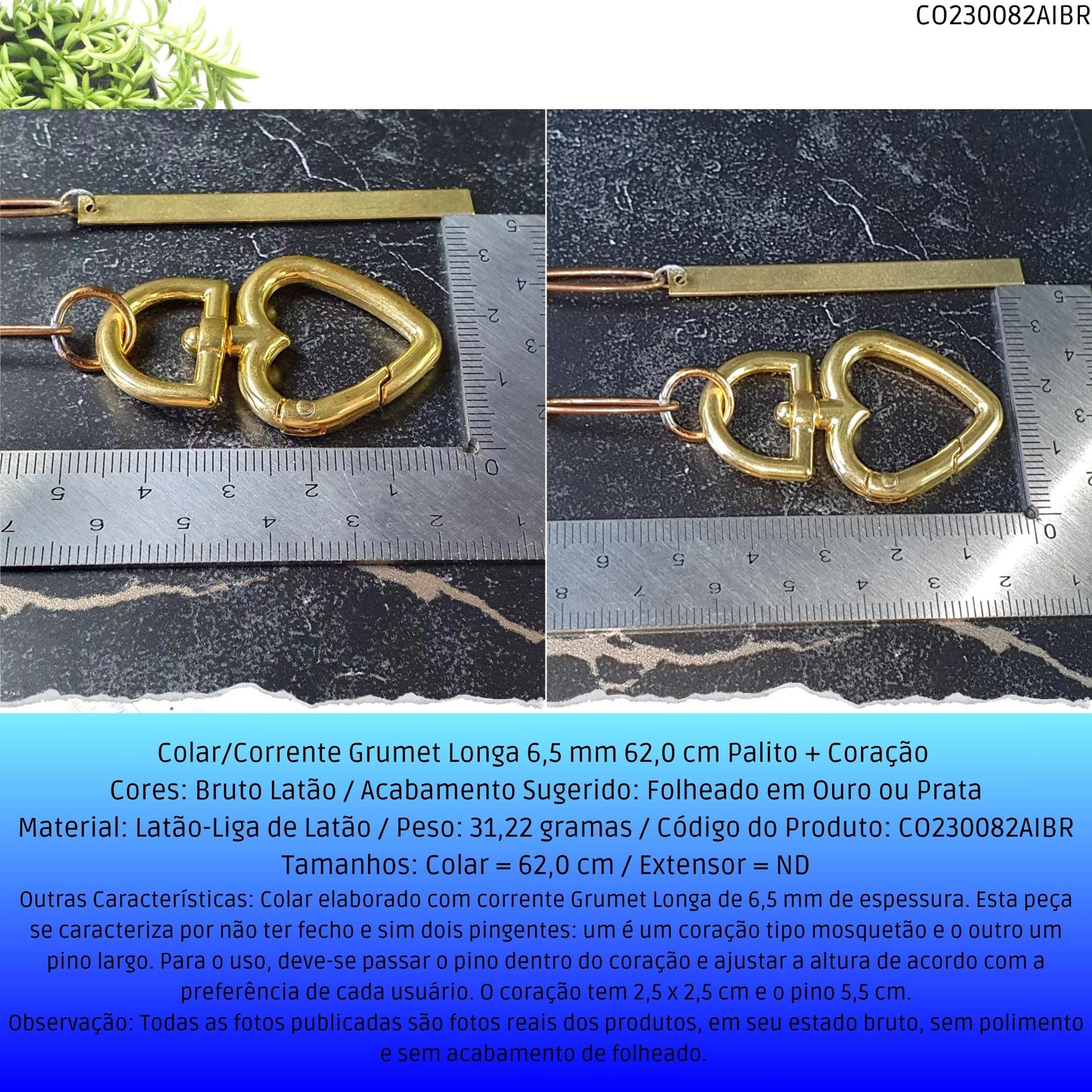 Colar/Corrente Grumet Longa 6.5 mm 62.0 cm Palito + Coração   - Código.: CO230082AIBR  - Peso.: 31.2 gr