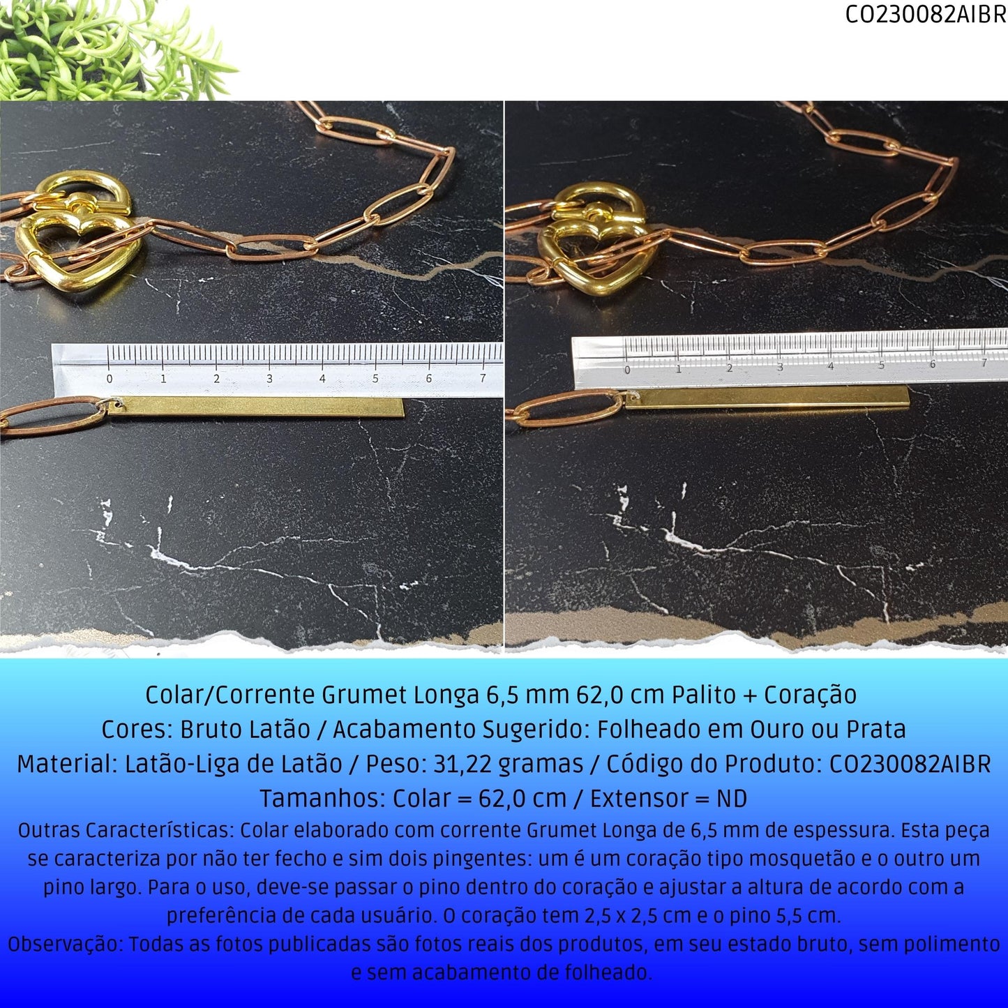 Colar/Corrente Grumet Longa 6.5 mm 62.0 cm Palito + Coração   - Código.: CO230082AIBR  - Peso.: 31.2 gr