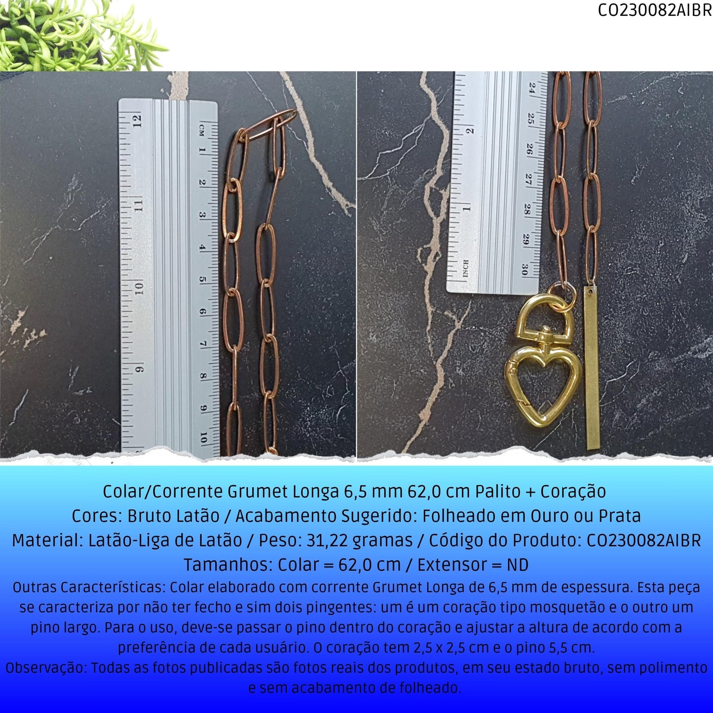 Colar/Corrente Grumet Longa 6.5 mm 62.0 cm Palito + Coração   - Código.: CO230082AIBR  - Peso.: 31.2 gr