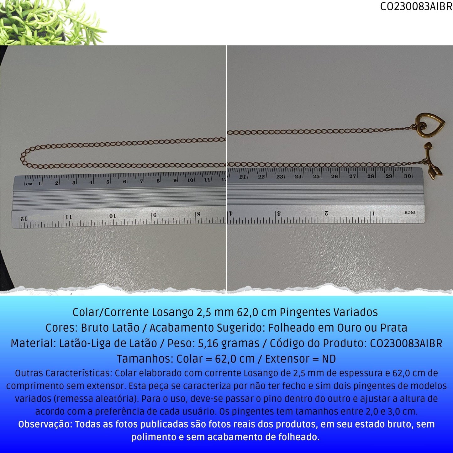 Colar/Corrente Losango 2.5 mm 62.0 cm Pingentes Variados   - Código.: CO230083AIBR  - Peso.: 5.2 gr