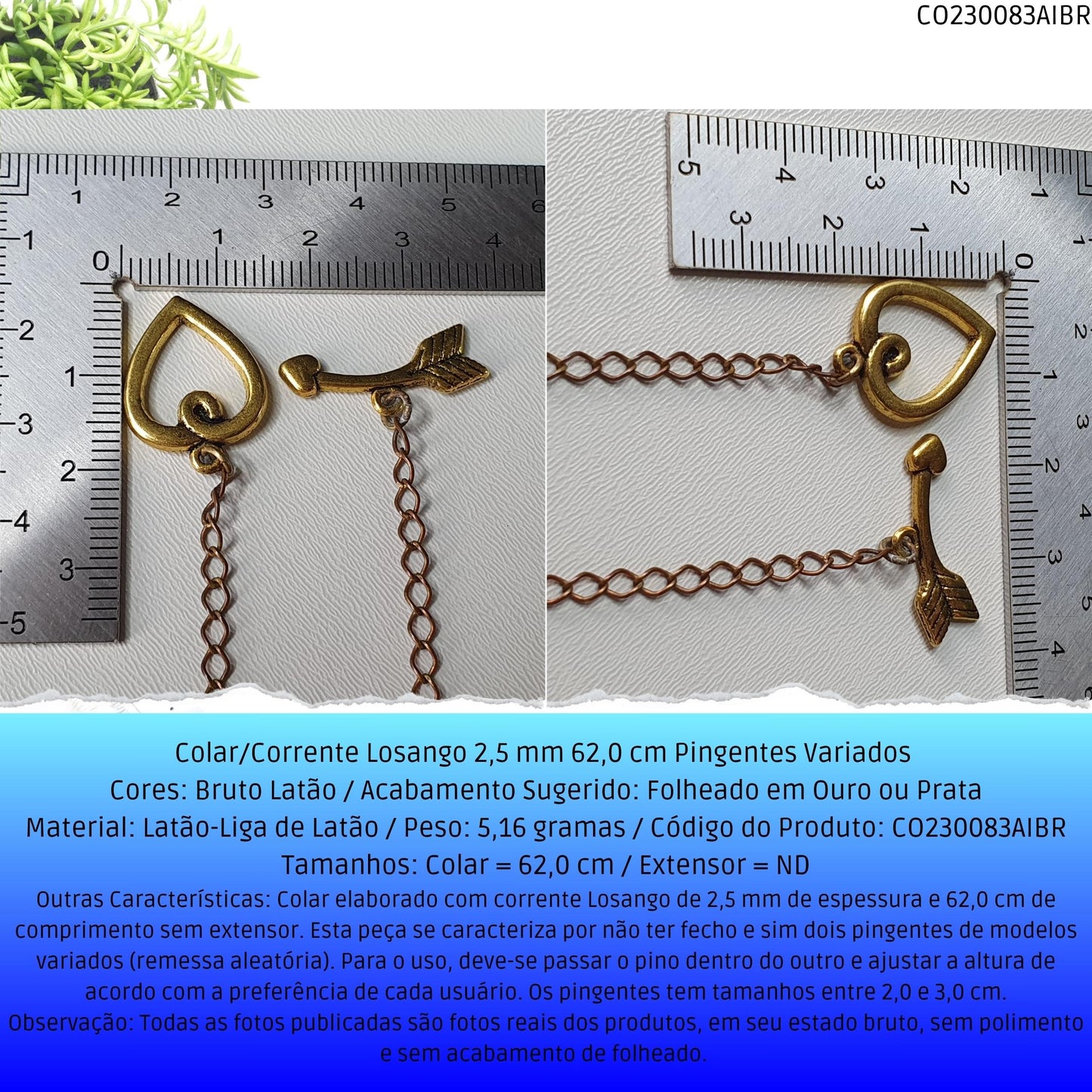 Colar/Corrente Losango 2.5 mm 62.0 cm Pingentes Variados   - Código.: CO230083AIBR  - Peso.: 5.2 gr
