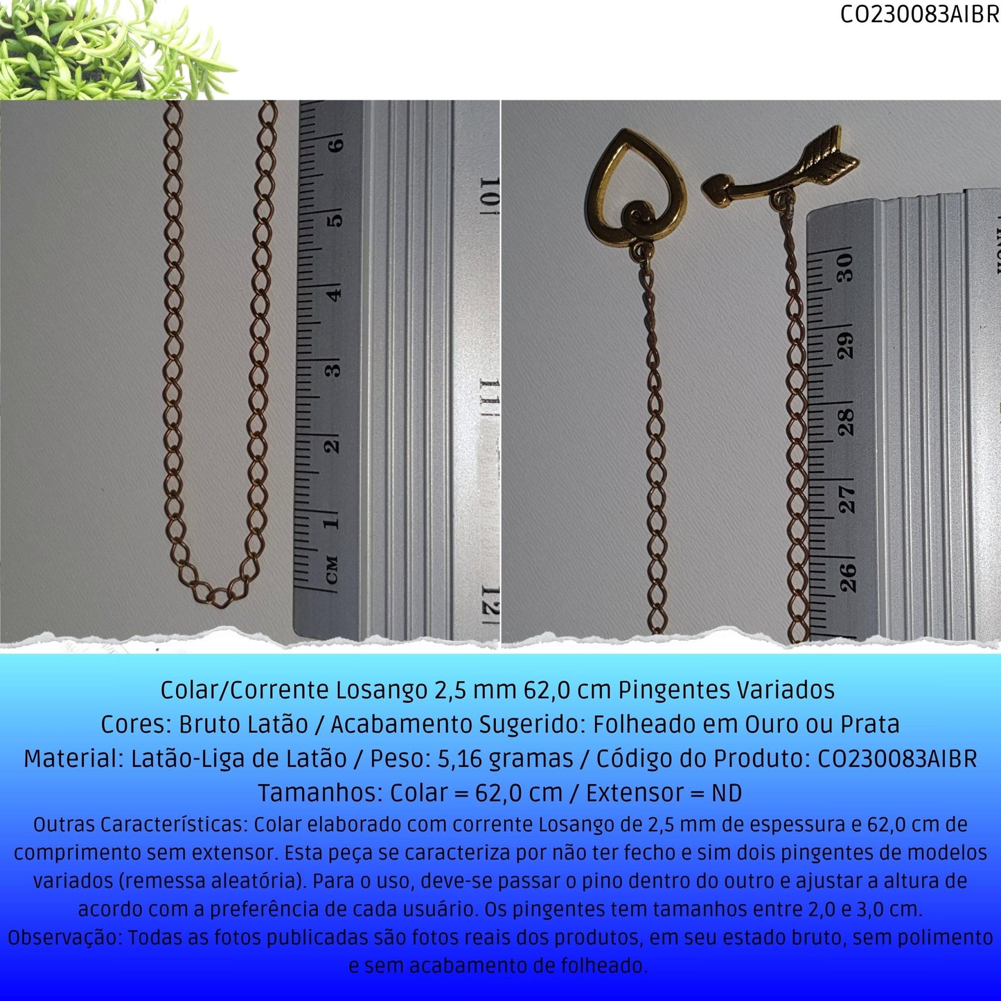 Colar/Corrente Losango 2.5 mm 62.0 cm Pingentes Variados   - Código.: CO230083AIBR  - Peso.: 5.2 gr