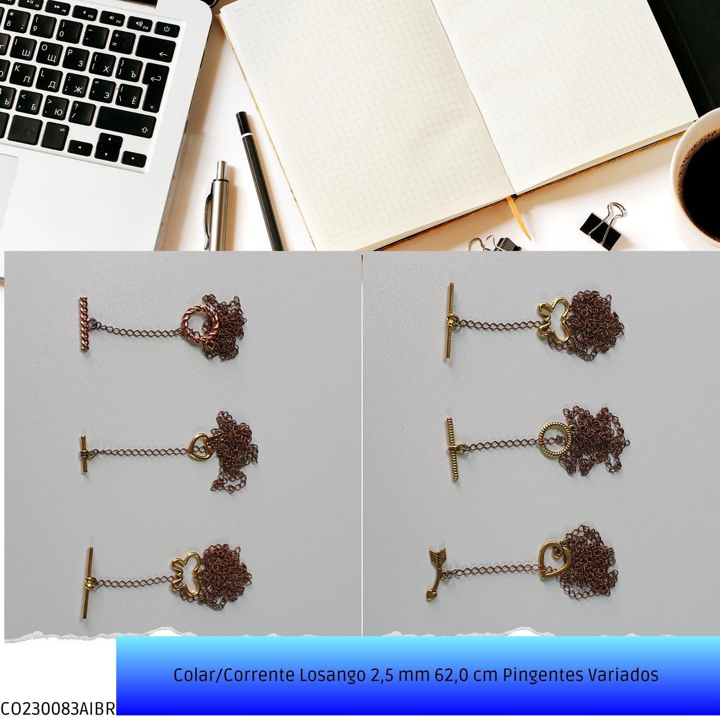 Colar/Corrente Losango 2.5 mm 62.0 cm Pingentes Variados   - Código.: CO230083AIBR  - Peso.: 5.2 gr