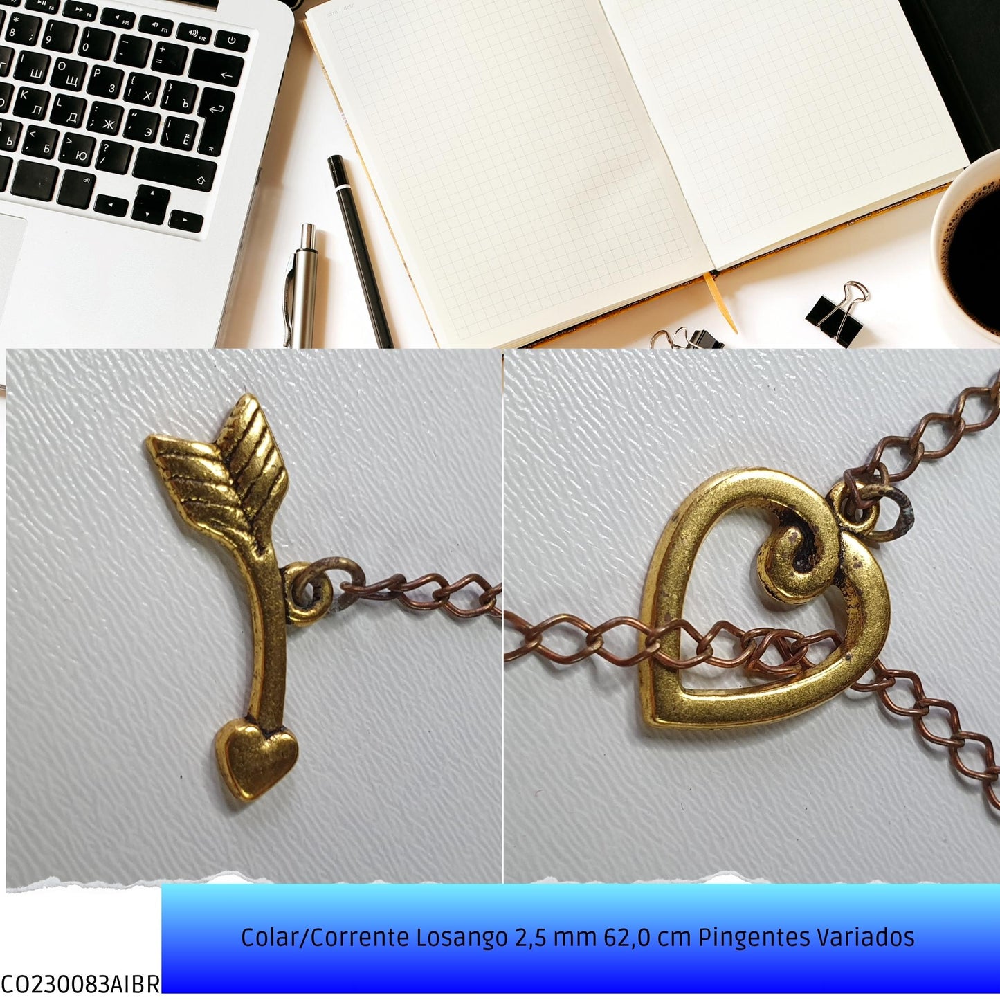Colar/Corrente Losango 2.5 mm 62.0 cm Pingentes Variados   - Código.: CO230083AIBR  - Peso.: 5.2 gr