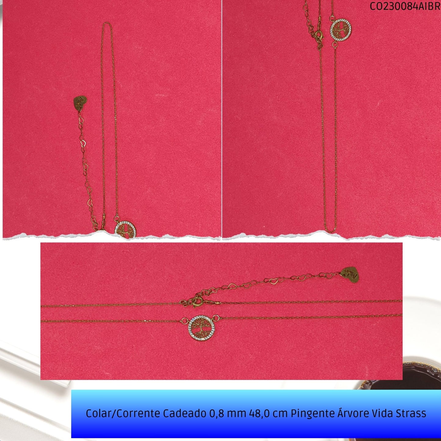 Colar/Corrente Cadeado 0.8 mm 48.0 cm Pingente Árvore Vida Strass  - Código.: CO230084AIBR  - Peso.: 2.9 gr