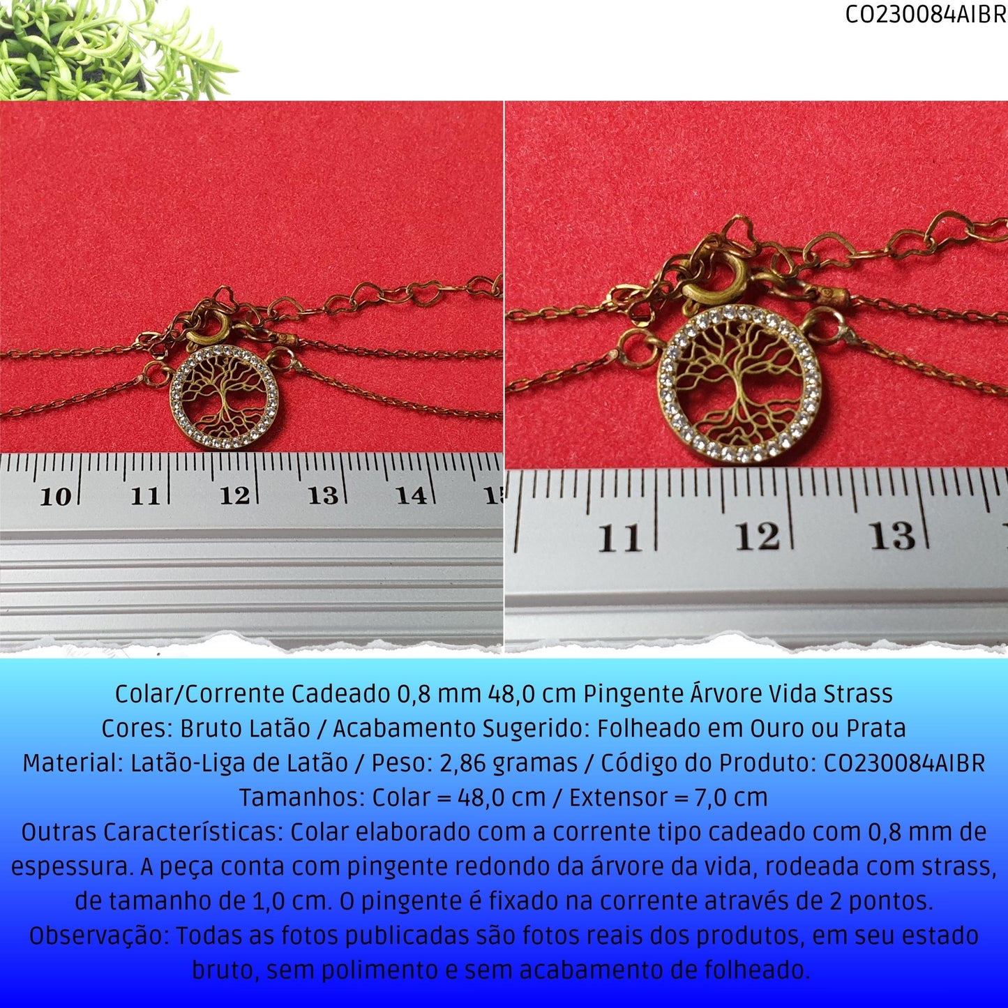 Colar/Corrente Cadeado 0.8 mm 48.0 cm Pingente Árvore Vida Strass  - Código.: CO230084AIBR  - Peso.: 2.9 gr