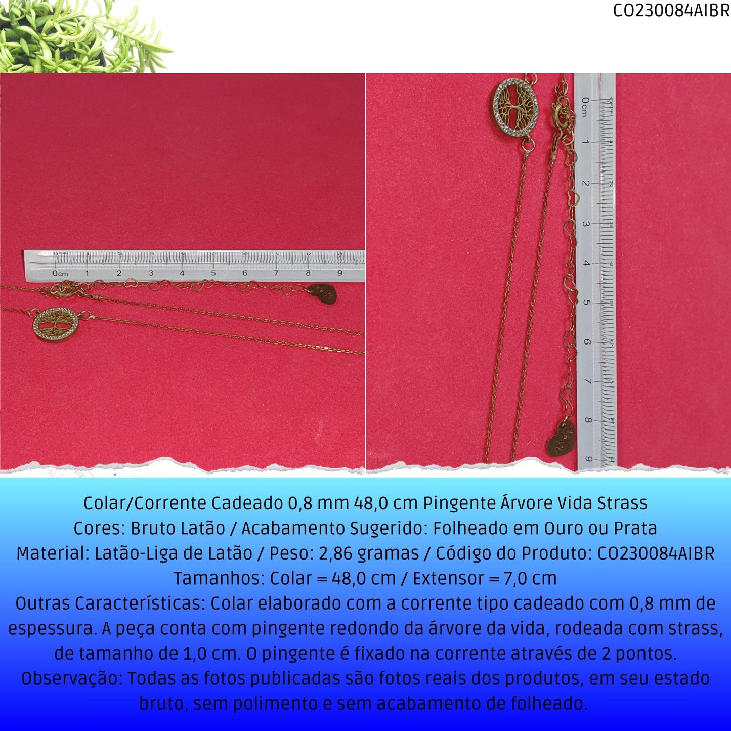 Colar/Corrente Cadeado 0.8 mm 48.0 cm Pingente Árvore Vida Strass  - Código.: CO230084AIBR  - Peso.: 2.9 gr