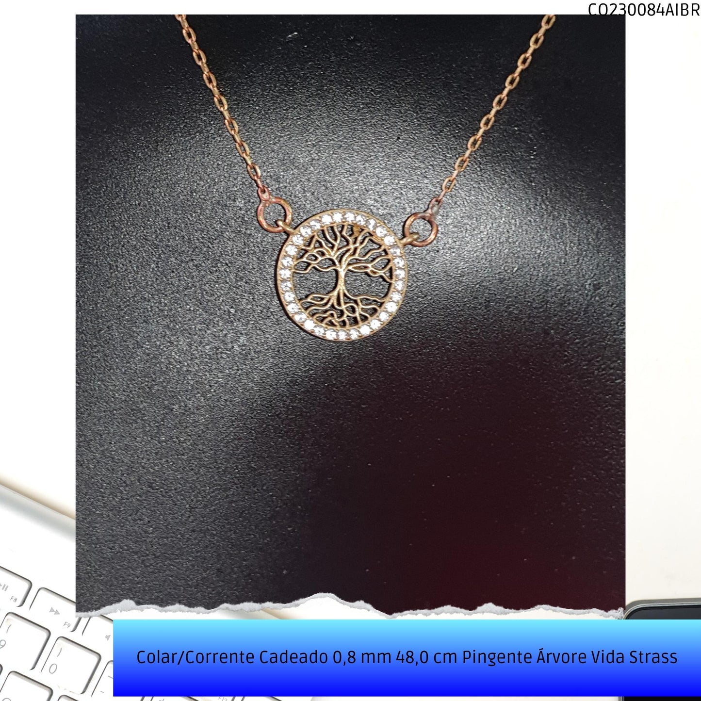 Colar/Corrente Cadeado 0.8 mm 48.0 cm Pingente Árvore Vida Strass  - Código.: CO230084AIBR  - Peso.: 2.9 gr