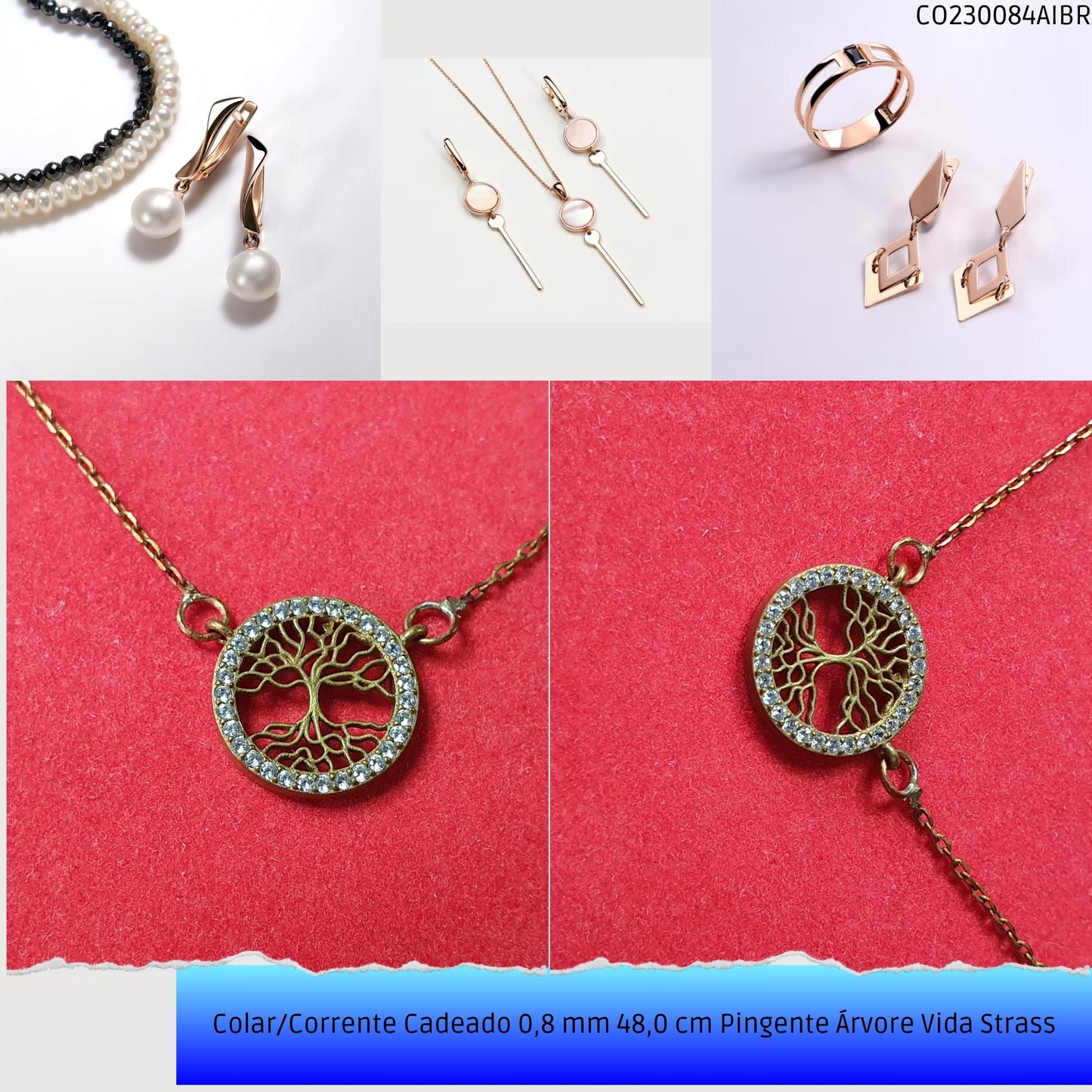 Colar/Corrente Cadeado 0.8 mm 48.0 cm Pingente Árvore Vida Strass  - Código.: CO230084AIBR  - Peso.: 2.9 gr
