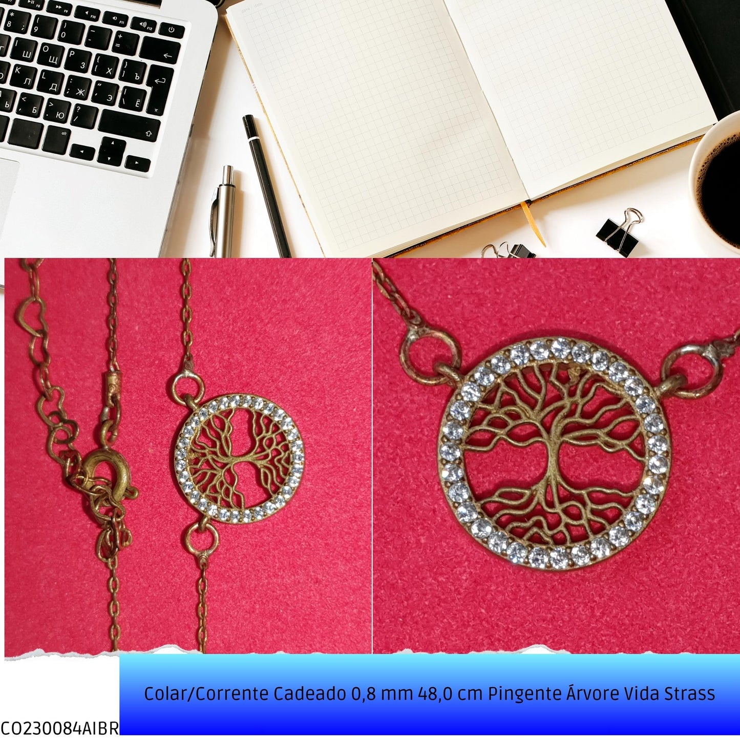 Colar/Corrente Cadeado 0.8 mm 48.0 cm Pingente Árvore Vida Strass  - Código.: CO230084AIBR  - Peso.: 2.9 gr