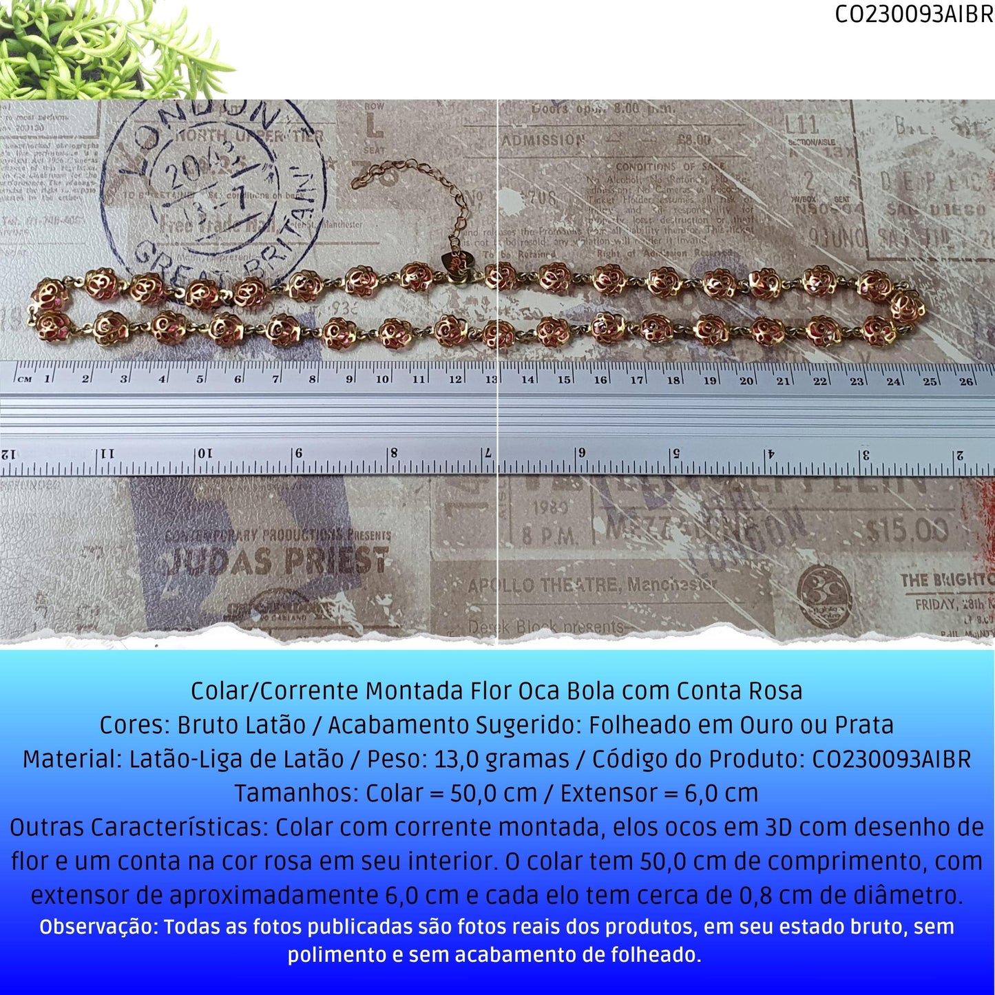 Colar/Corrente Montada Flor Oca Bola com Conta Rosa  - Código.: CO230093AIBR  - Peso.: 13.0 gr