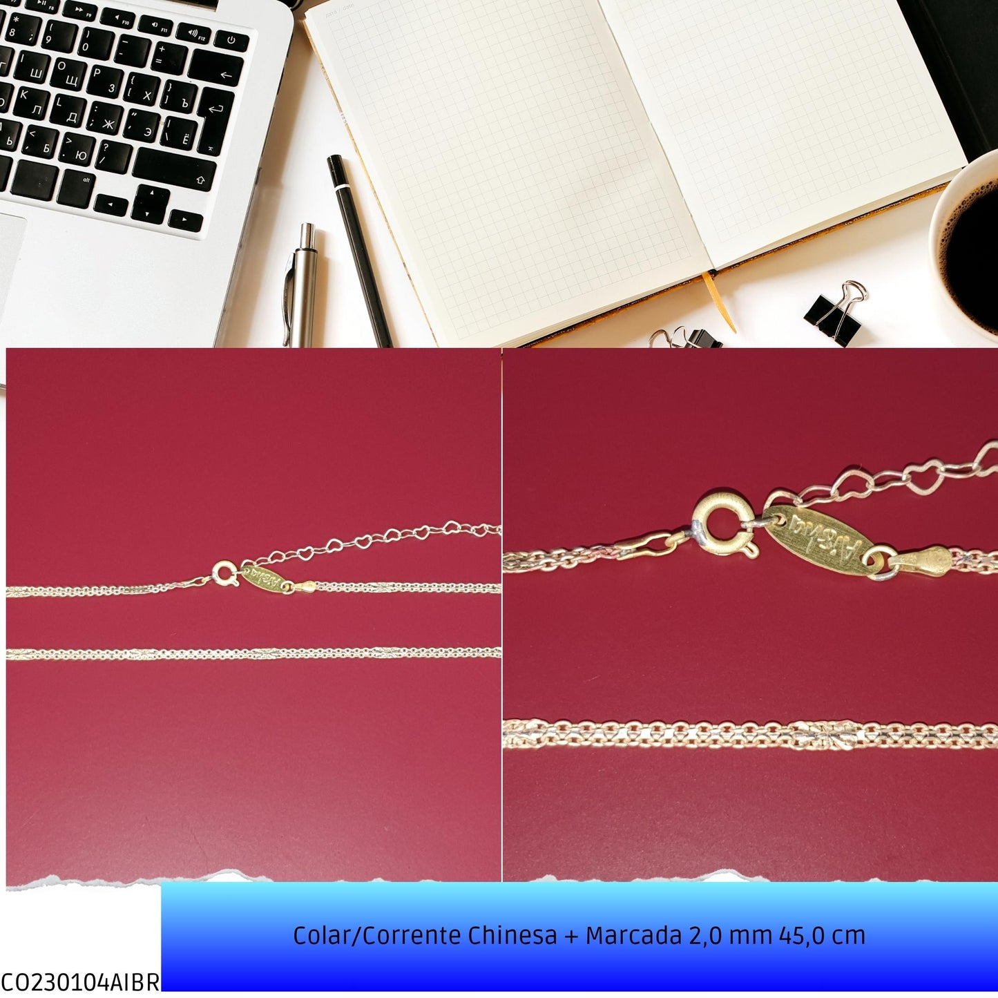 Colar/Corrente Chinesa + Marcada 2.0 mm 45.0 cm  - Código.: CO230104AIBR  - Peso.: 3.9 gr