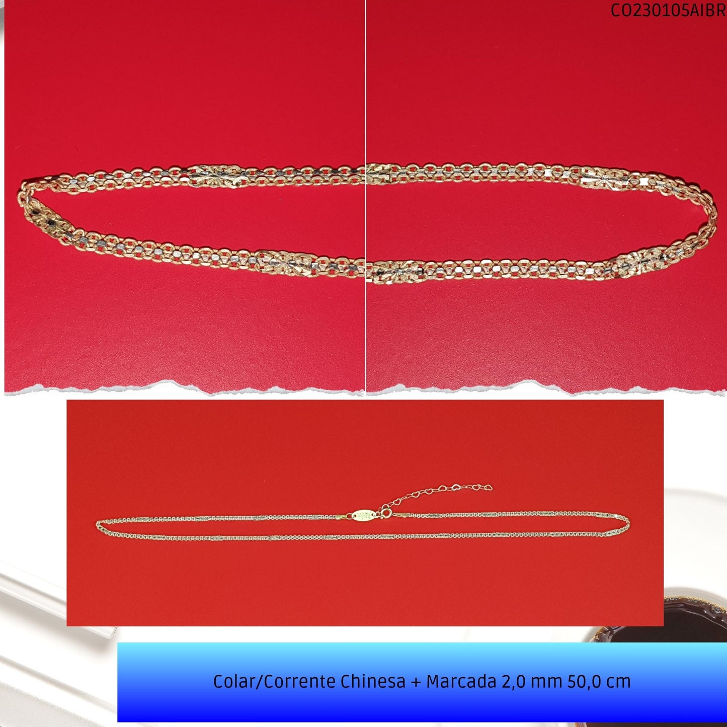 Colar/Corrente Chinesa + Marcada 2.0 mm 50.0 cm  - Código.: CO230105AIBR  - Peso.: 4.2 gr