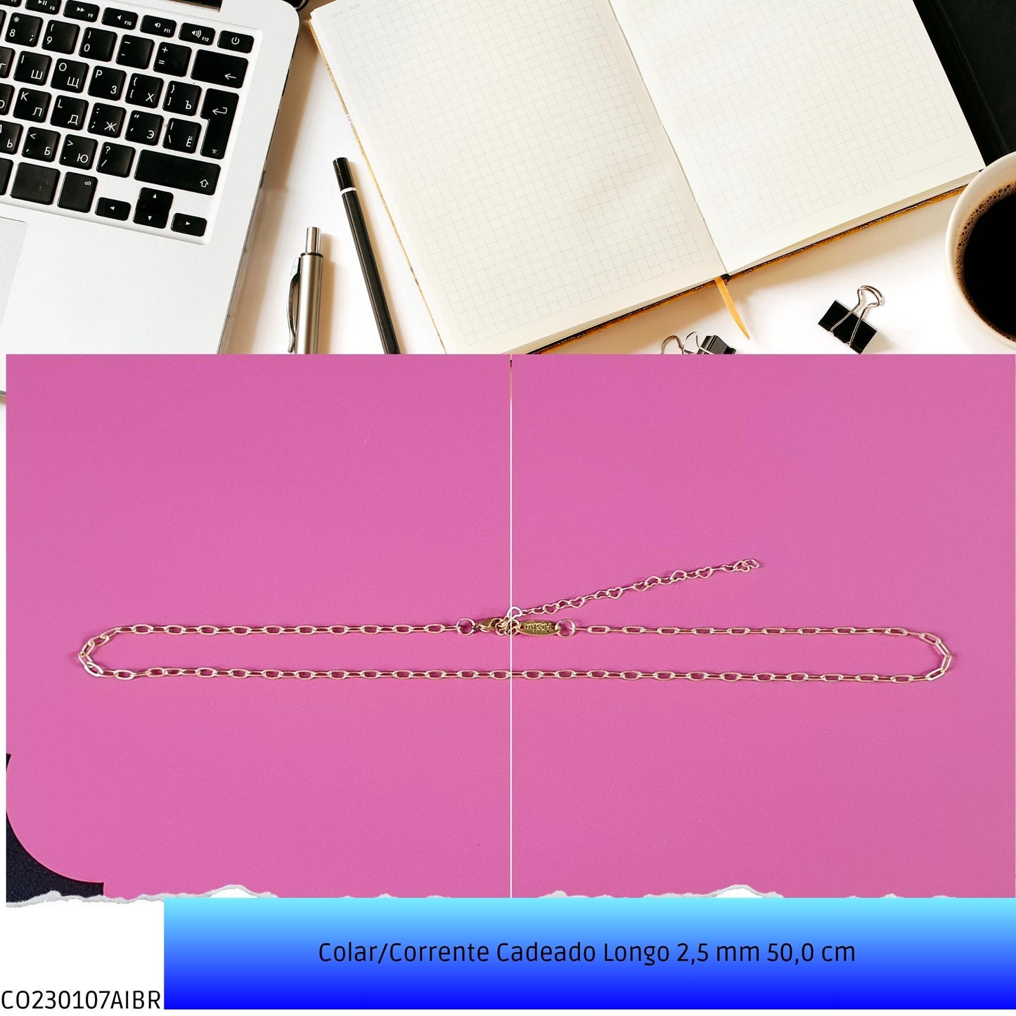 Colar/Corrente Cadeado Longo 2.5 mm 50.0 cm   - Código.: CO230107AIBR  - Peso.: 3.9 gr