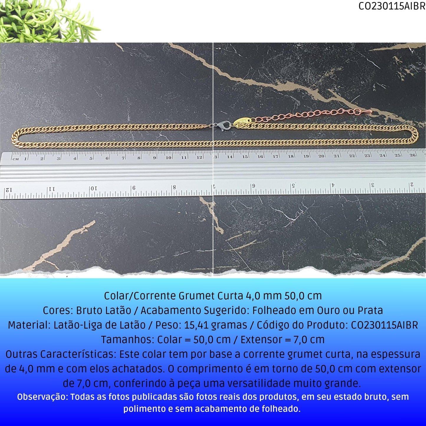 Colar/Corrente Grumet Curta 4.0 mm 50.0 cm  - Código.: CO230115AIBR  - Peso.: 15.4 gr