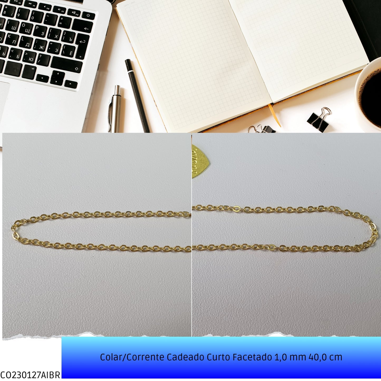 Colar/Corrente Cadeado Curto Facetado 1.0 mm 40.0 cm  - Código.: CO230127AIBR  - Peso.: 2.1 gr