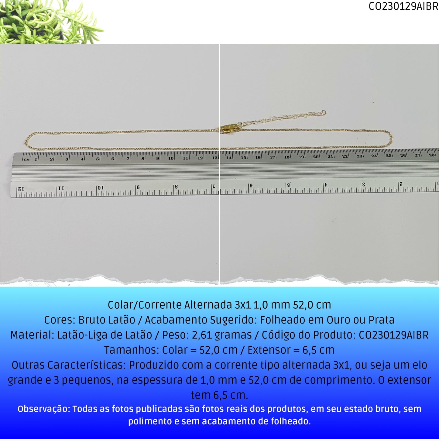 Colar/Corrente Alternada 3x1 1.0 mm 52.0 cm  - Código.: CO230129AIBR  - Peso.: 2.6 gr