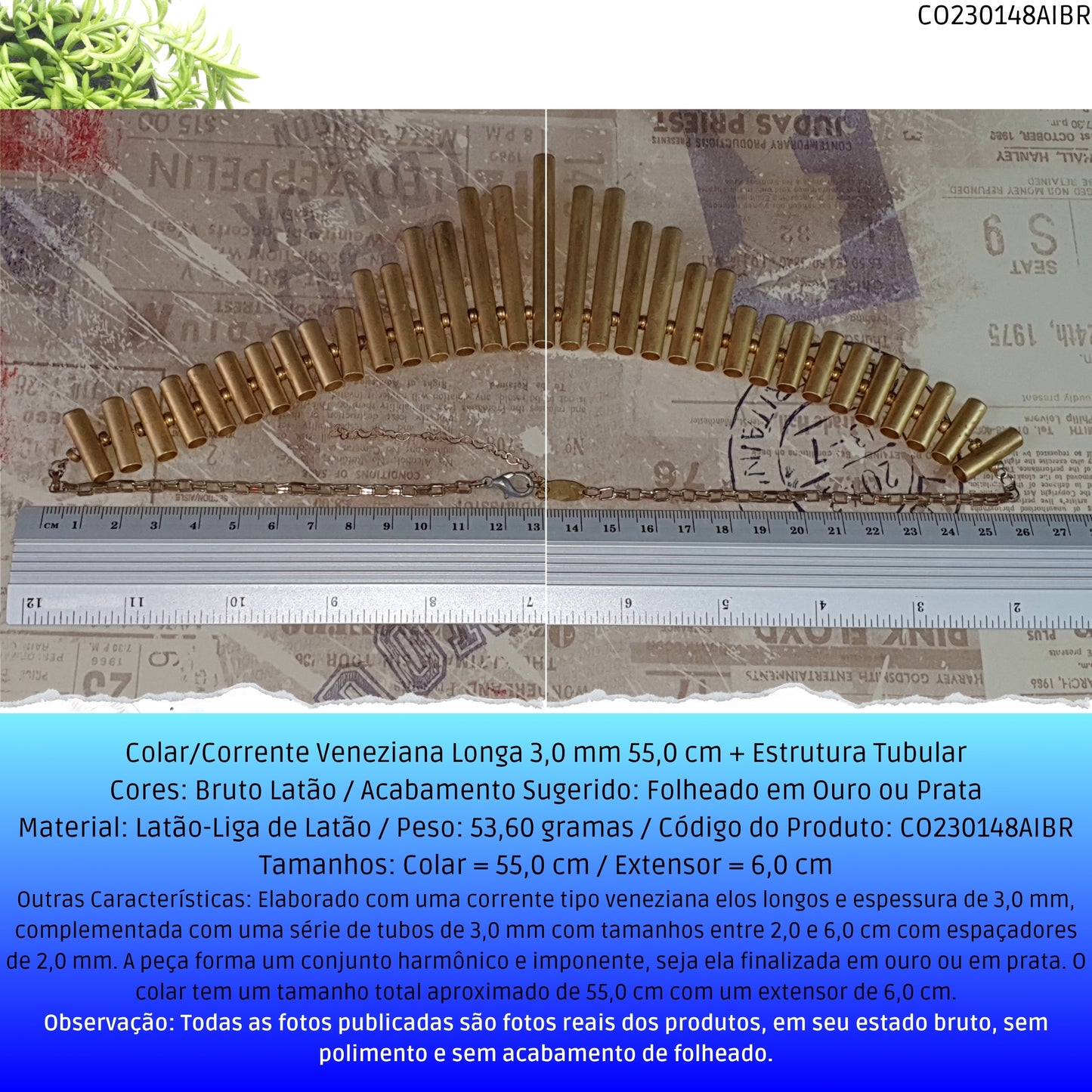 Colar/Corrente Veneziana Longa 3.0 mm 55.0 cm + Estrutura Tubular  - Código.: CO230148AIBR  - Peso.: 53.6 gr