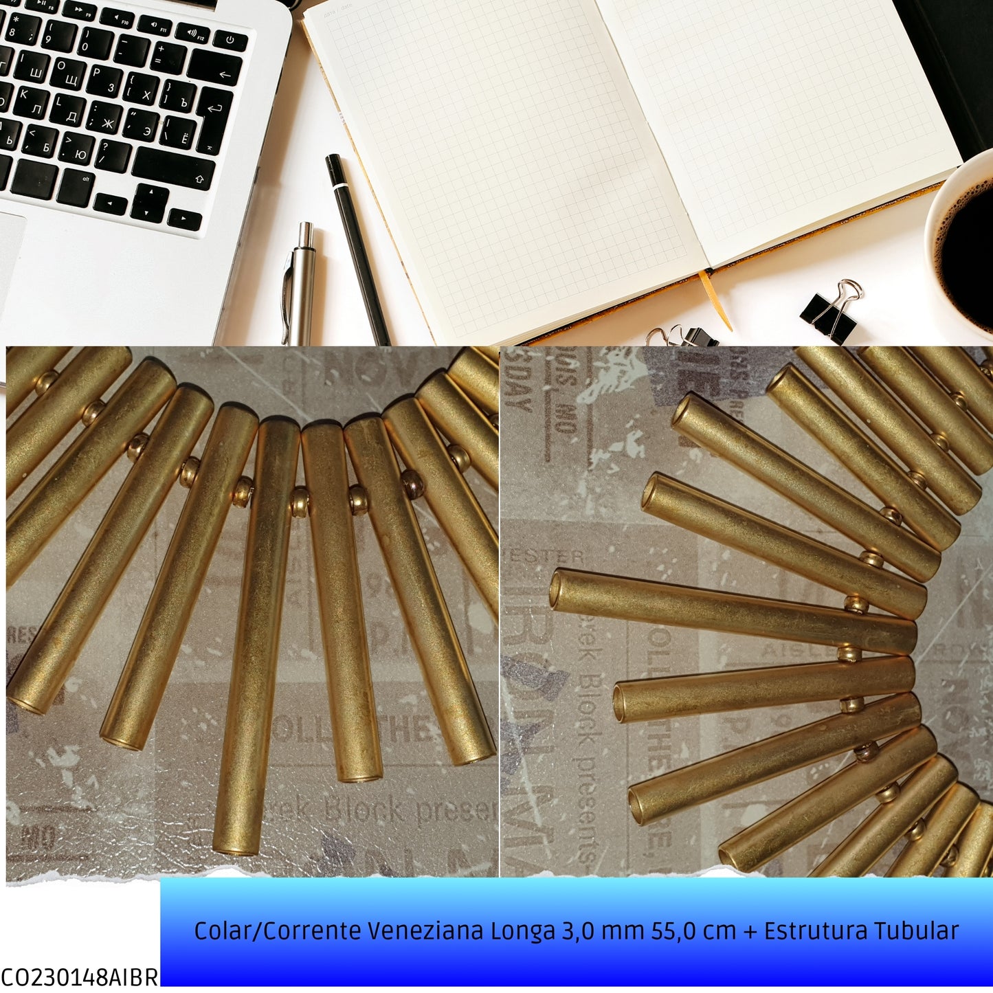 Colar/Corrente Veneziana Longa 3.0 mm 55.0 cm + Estrutura Tubular  - Código.: CO230148AIBR  - Peso.: 53.6 gr