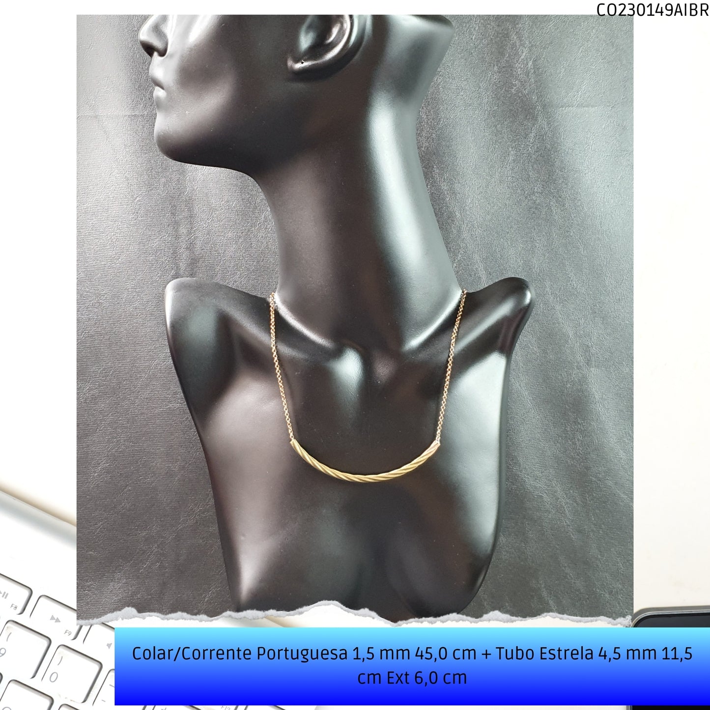Colar/Corrente Portuguesa 1.5 mm 45.0 cm + Tubo Estrela 4.5 mm 11.5 cm Ext 6.0 cm   - Código.: CO230149AIBR  - Peso.: 8.8 gr
