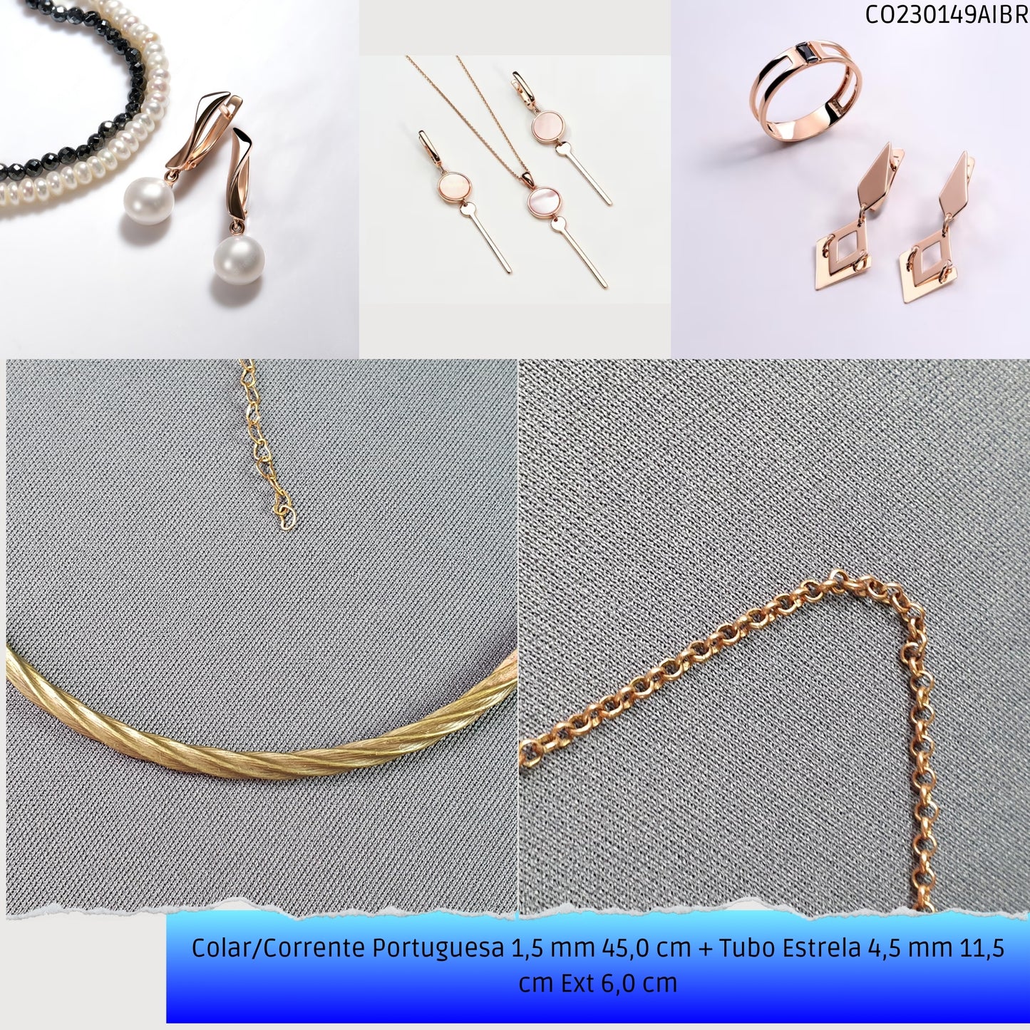 Colar/Corrente Portuguesa 1.5 mm 45.0 cm + Tubo Estrela 4.5 mm 11.5 cm Ext 6.0 cm   - Código.: CO230149AIBR  - Peso.: 8.8 gr