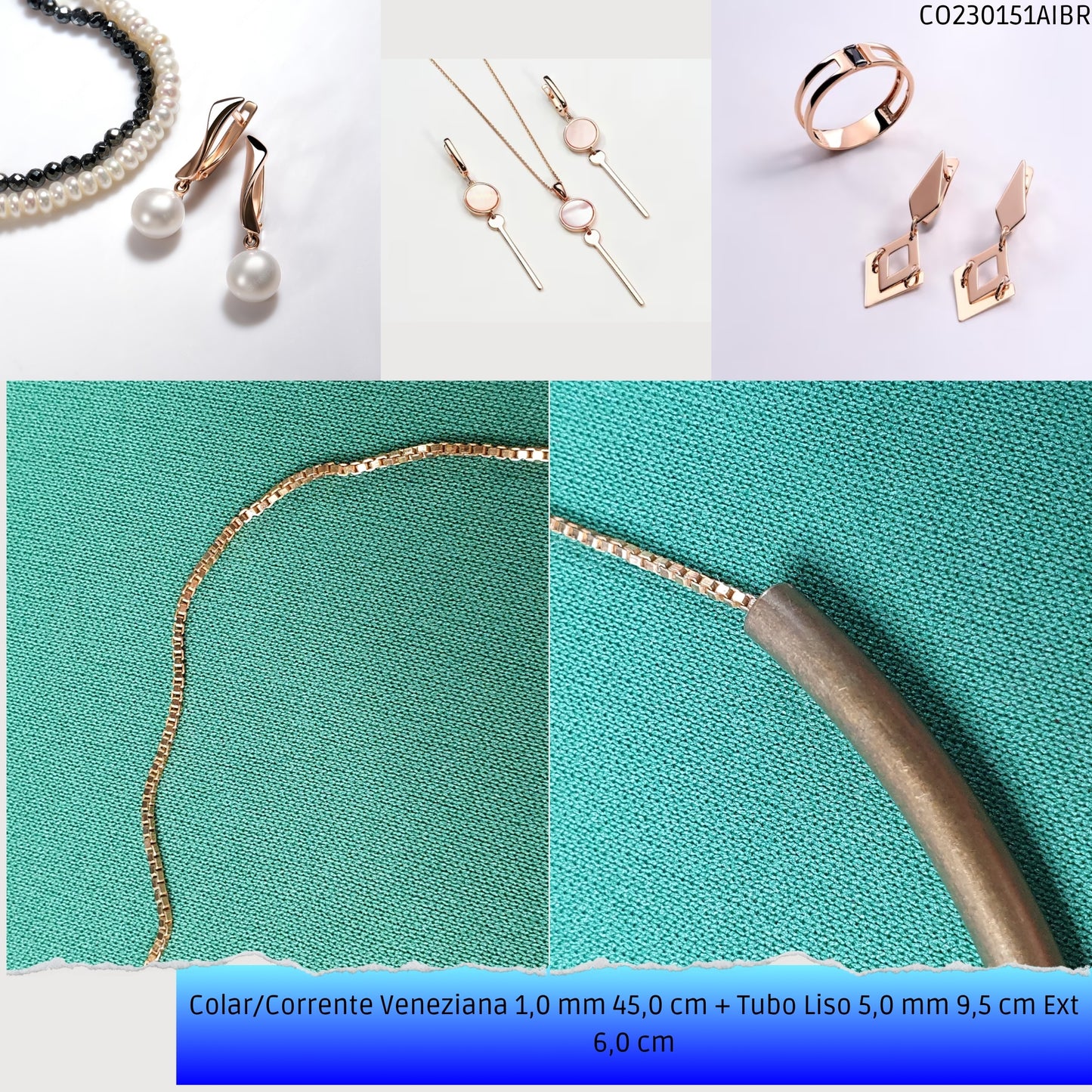 Colar/Corrente Veneziana 1.0 mm 45.0 cm + Tubo Liso 5.0 mm 9.5 cm Ext 6.0 cm   - Código.: CO230151AIBR  - Peso.: 7.9 gr