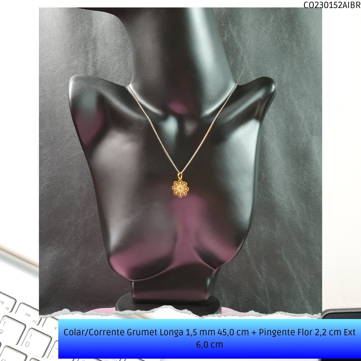 Colar/Corrente Grumet Longa 1.5 mm 45.0 cm + Pingente Flor 2.2 cm Ext 6.0 cm   - Código.: CO230152AIBR  - Peso.: 3.2 gr
