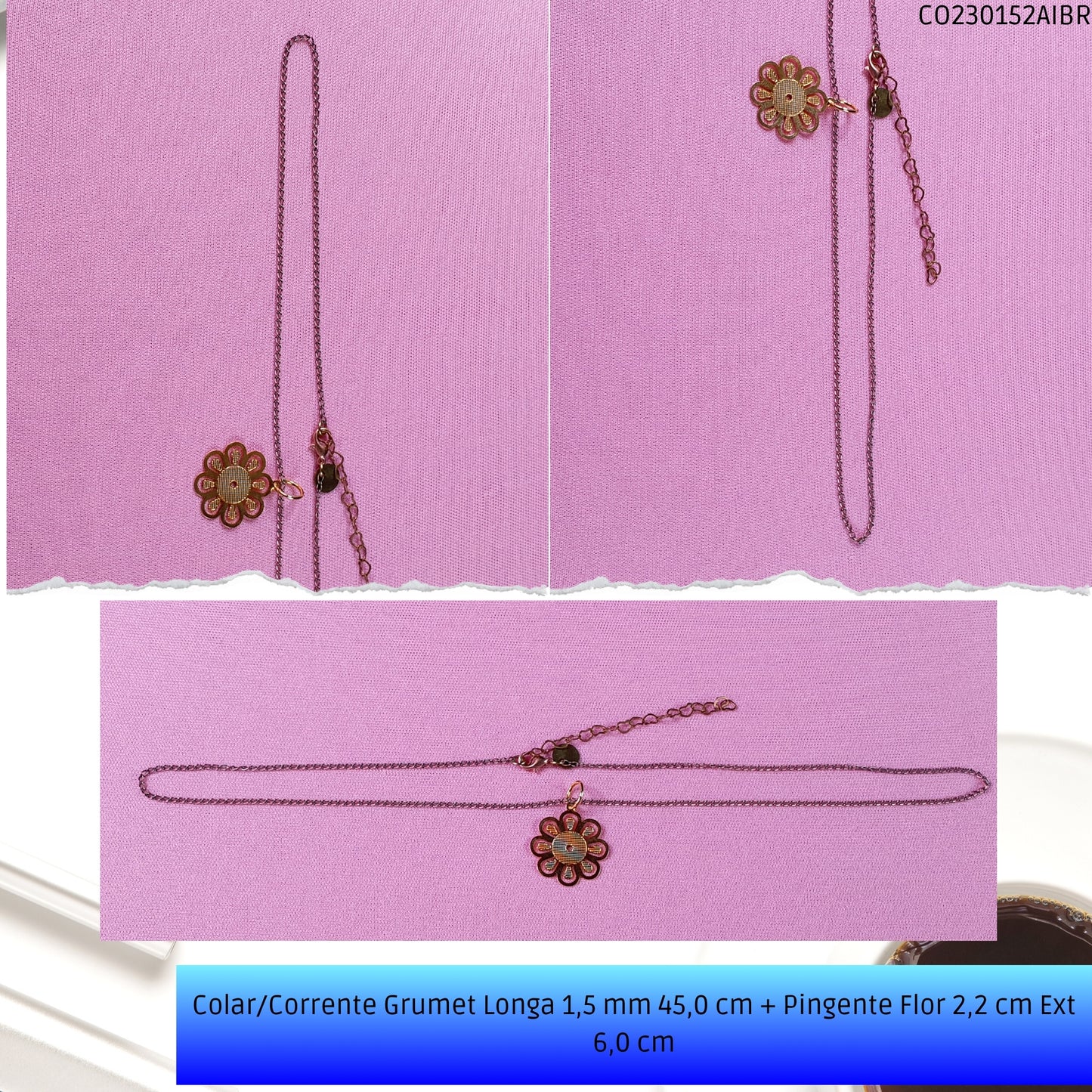 Colar/Corrente Grumet Longa 1.5 mm 45.0 cm + Pingente Flor 2.2 cm Ext 6.0 cm   - Código.: CO230152AIBR  - Peso.: 3.2 gr