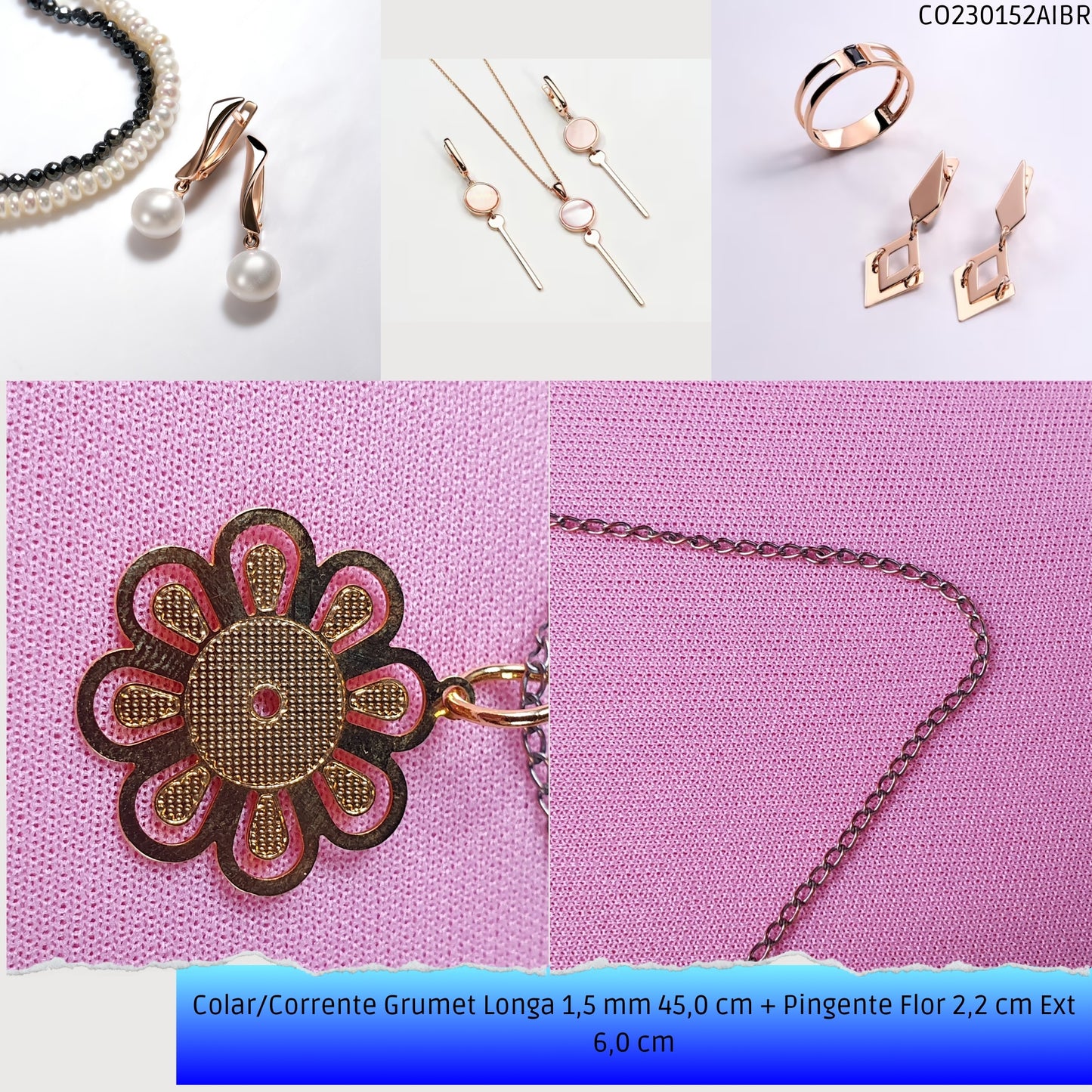 Colar/Corrente Grumet Longa 1.5 mm 45.0 cm + Pingente Flor 2.2 cm Ext 6.0 cm   - Código.: CO230152AIBR  - Peso.: 3.2 gr