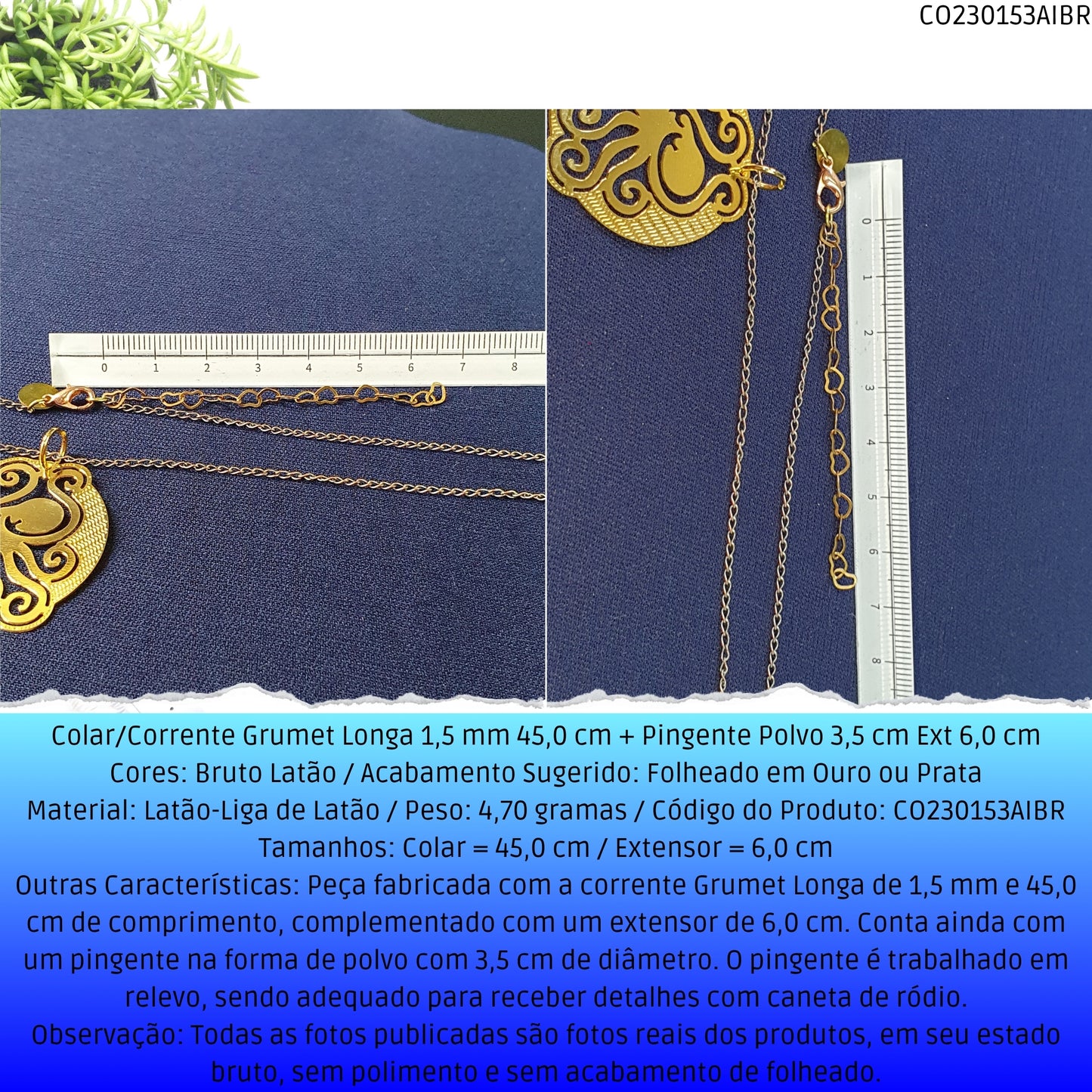 Colar/Corrente Grumet Longa 1.5 mm 45.0 cm + Pingente Polvo 3.5 cm Ext 6.0 cm   - Código.: CO230153AIBR  - Peso.: 4.7 gr