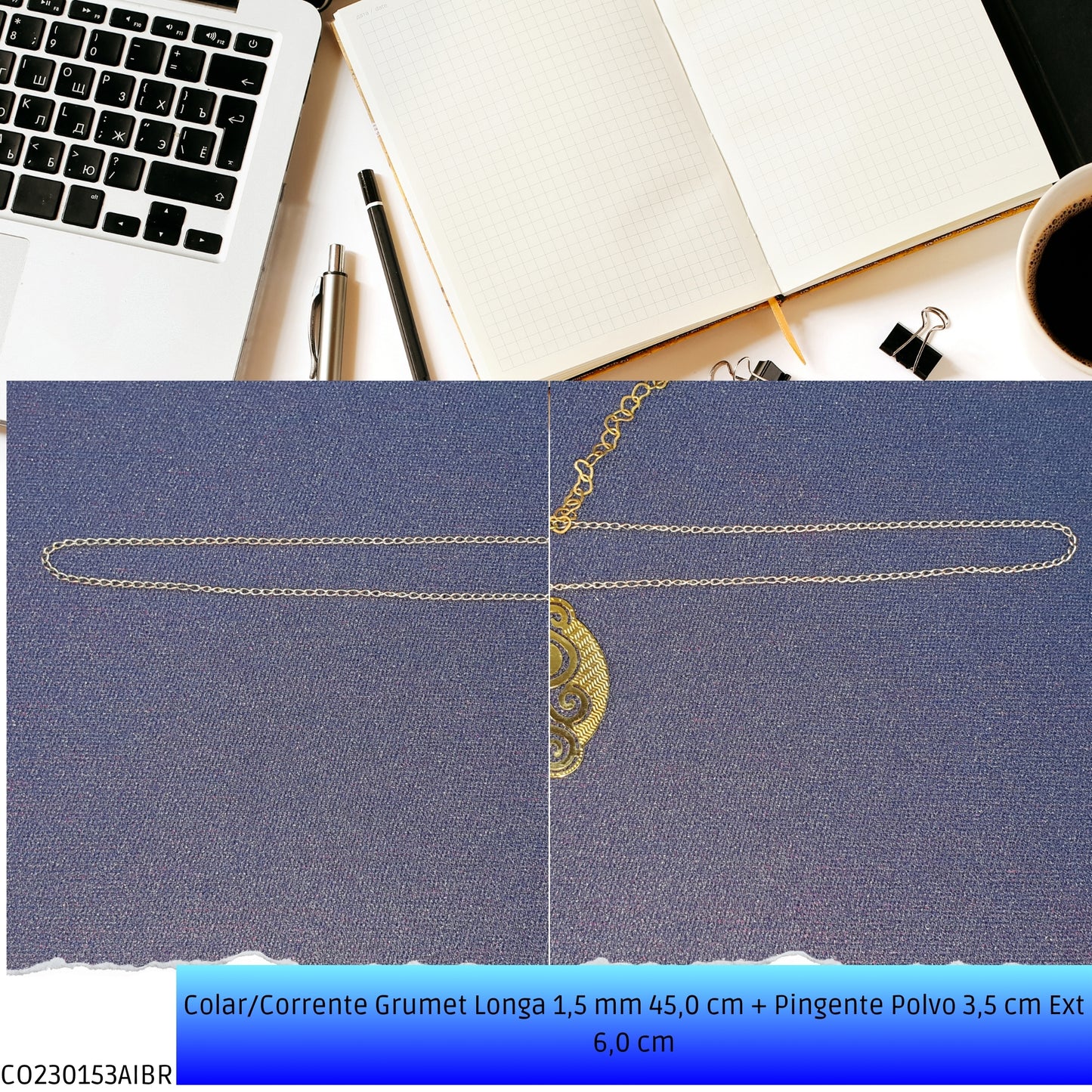 Colar/Corrente Grumet Longa 1.5 mm 45.0 cm + Pingente Polvo 3.5 cm Ext 6.0 cm   - Código.: CO230153AIBR  - Peso.: 4.7 gr