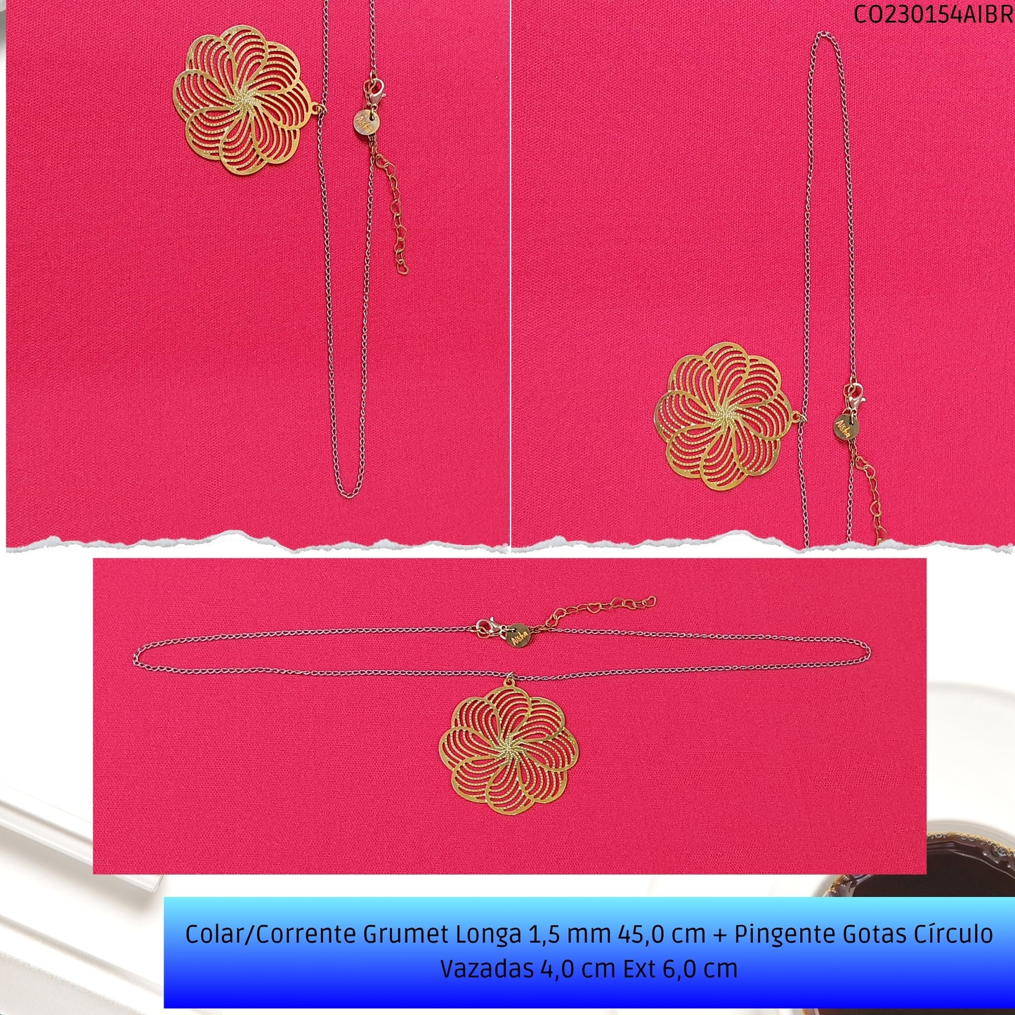Colar/Corrente Grumet Longa 1.5 mm 45.0 cm + Pingente Gotas Círculo Vazadas 4.0 cm Ext 6.0 cm   - Código.: CO230154AIBR  - Peso.: 4.5 gr