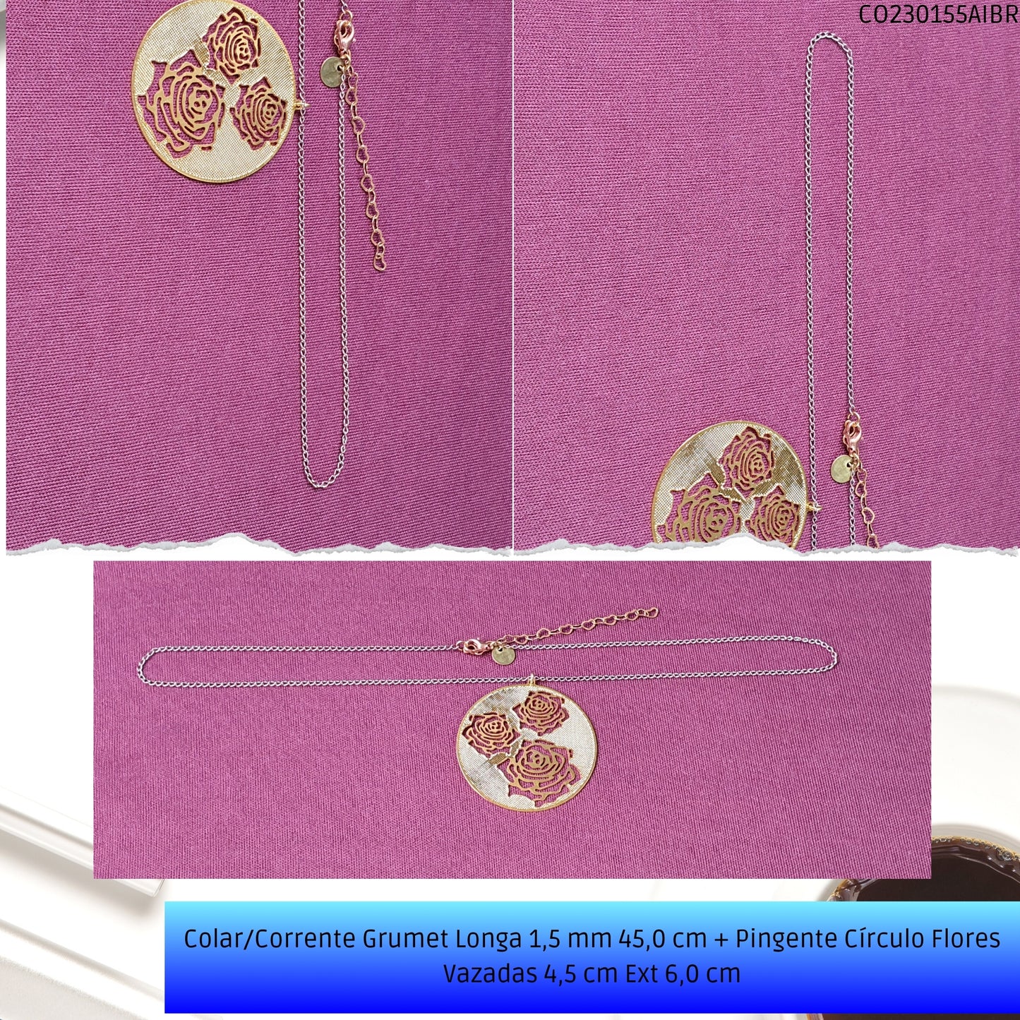 Colar/Corrente Grumet Longa 1.5 mm 45.0 cm + Pingente Círculo Flores Vazadas 4.5 cm Ext 6.0 cm   - Código.: CO230155AIBR  - Peso.: 4.9 gr