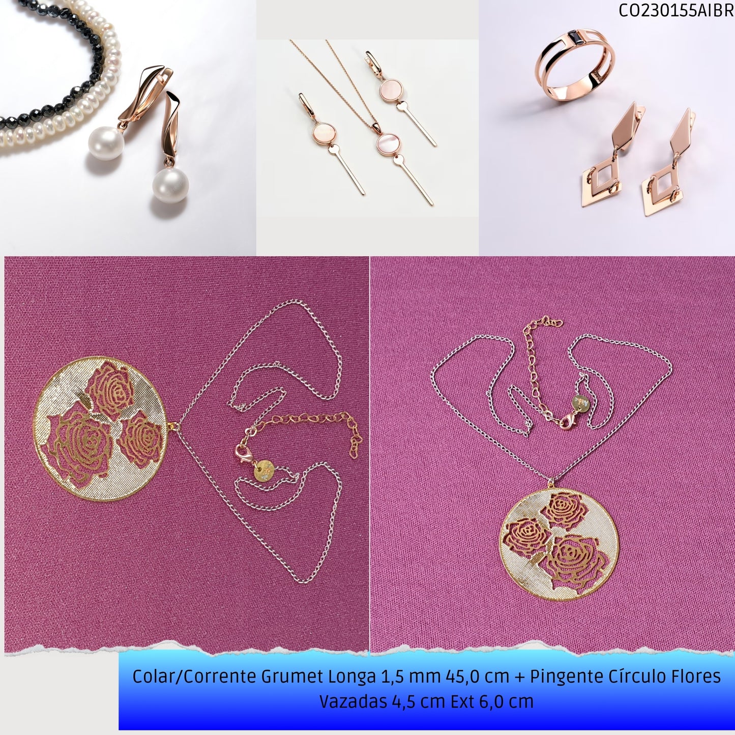 Colar/Corrente Grumet Longa 1.5 mm 45.0 cm + Pingente Círculo Flores Vazadas 4.5 cm Ext 6.0 cm   - Código.: CO230155AIBR  - Peso.: 4.9 gr