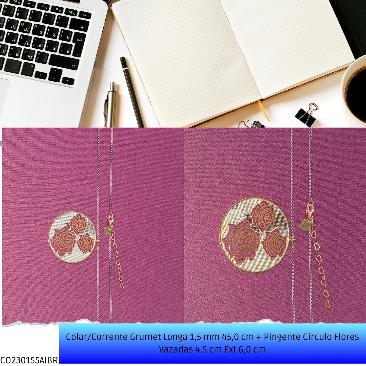 Colar/Corrente Grumet Longa 1.5 mm 45.0 cm + Pingente Círculo Flores Vazadas 4.5 cm Ext 6.0 cm   - Código.: CO230155AIBR  - Peso.: 4.9 gr